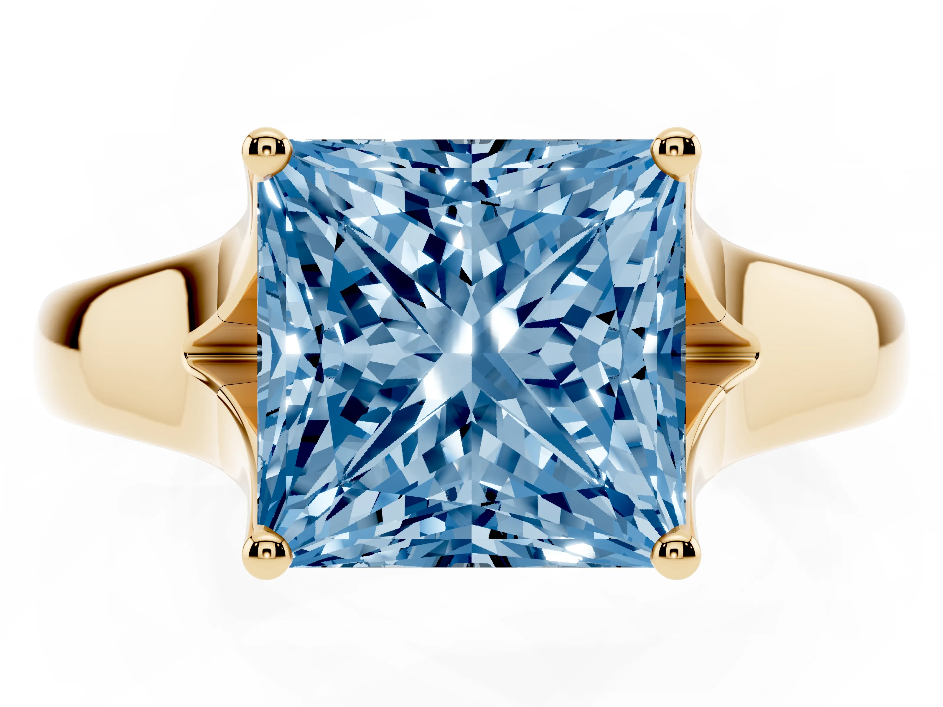 Fancy Blue Princess Cut Diamond Solitaire Ring Set in Yellow gold with Arched Cathedral Band and Prong Setting