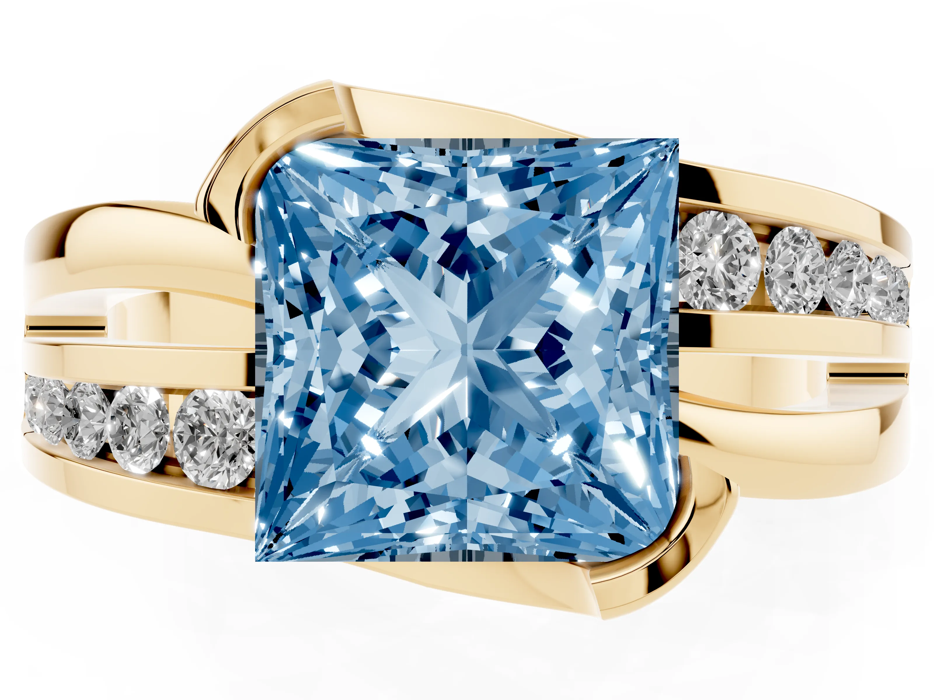 Fancy Blue Princess Cut Diamond Solitaire Ring Set in Yellow gold with Channel Set Split Shank and Tension Prongs