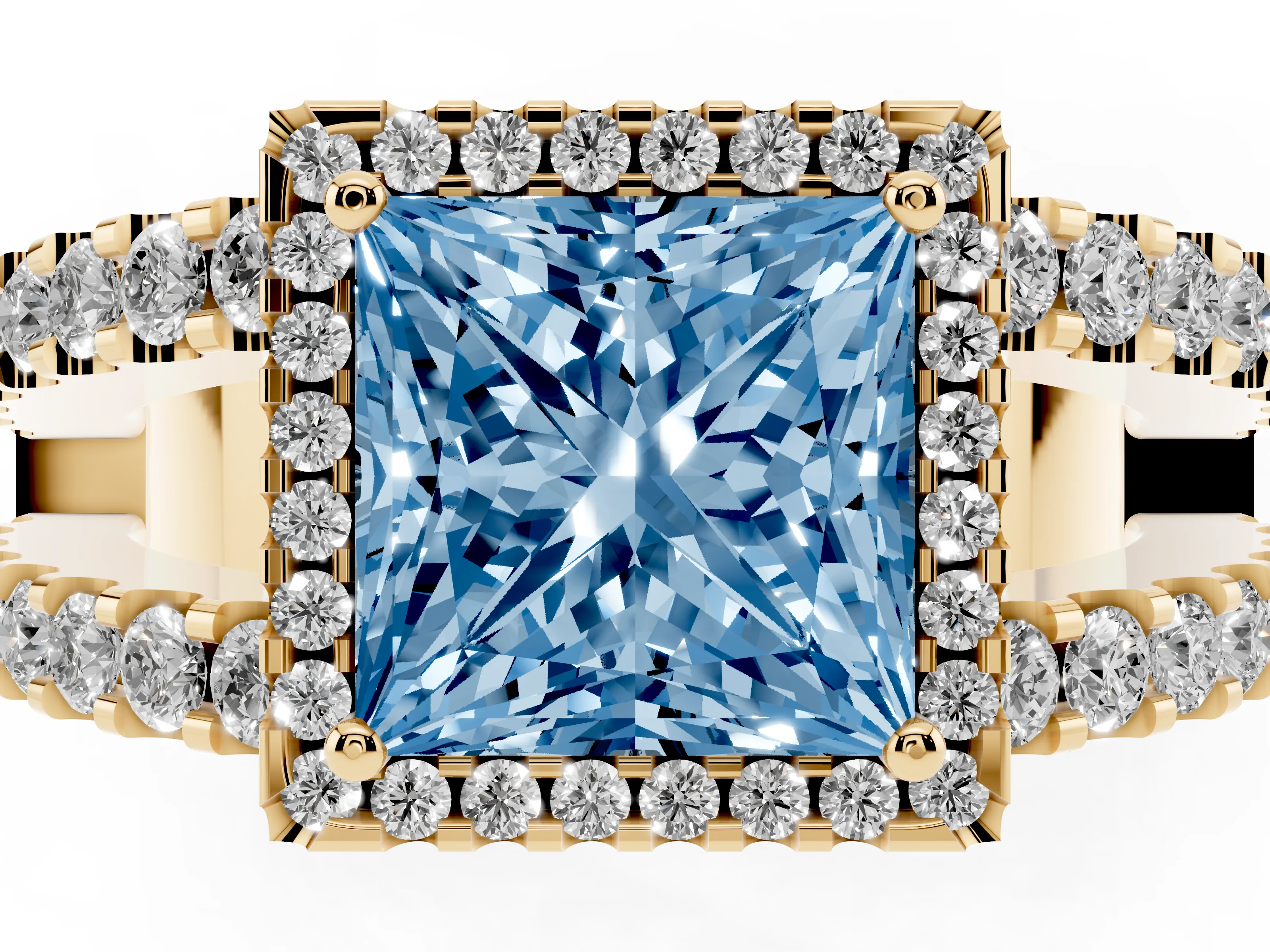 Fancy Blue Princess Cut Diamond Halo Ring Set in Yellow gold with Pavé Split Shank and Prong Setting