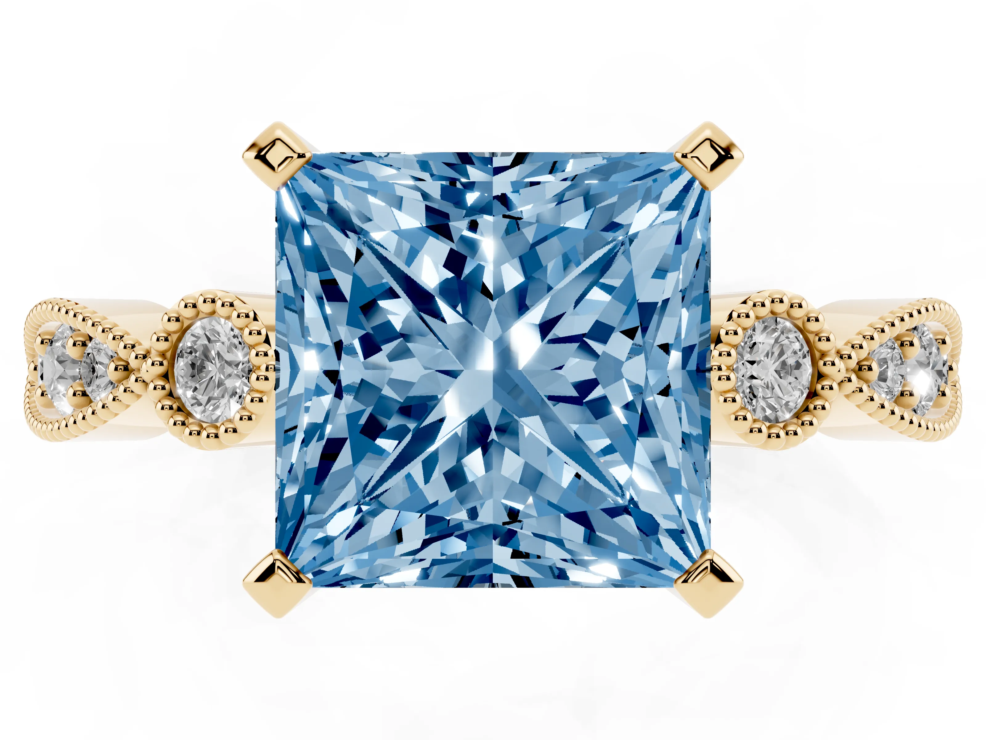 Fancy Blue Princess Cut Diamond Solitaire Engagement Ring Set in Yellow gold with Milgrain Bezel Accent Band