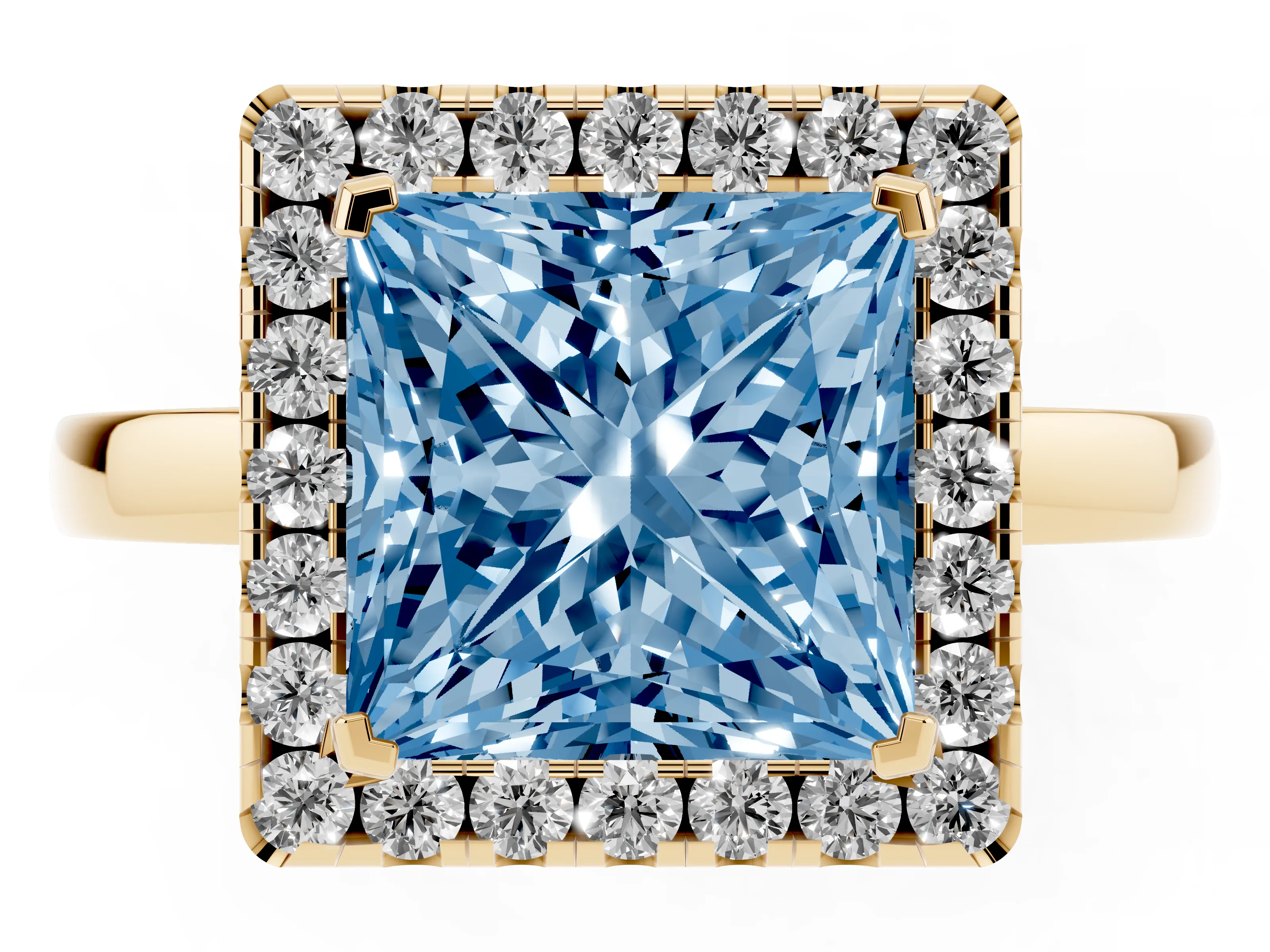 Fancy Blue Princess Cut Diamond Halo Solitaire Ring Set in Yellow gold with Pavé Band and Prong Setting