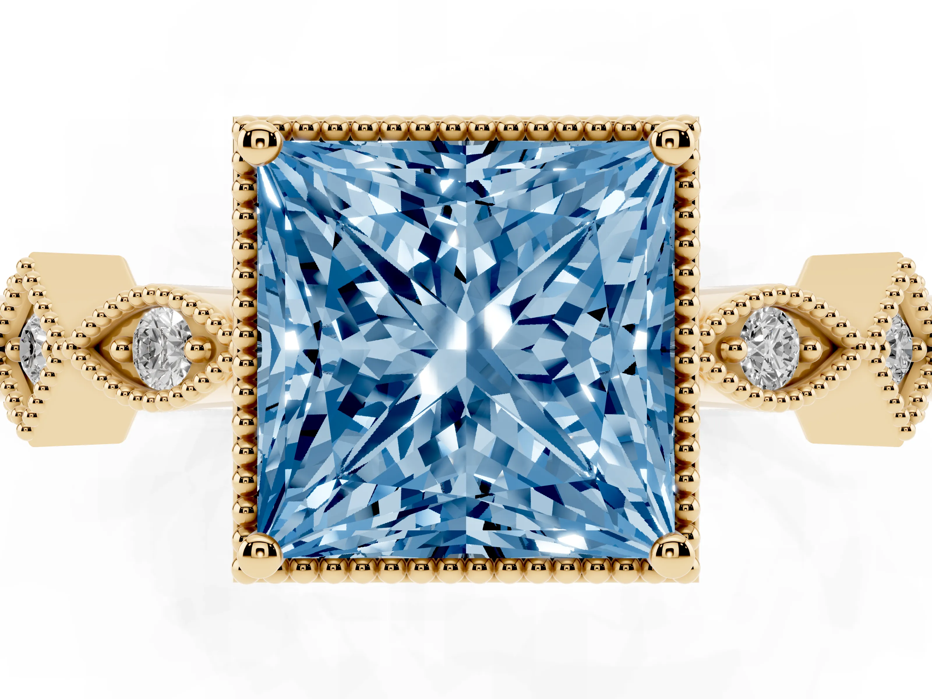 Fancy Blue Princess Cut Diamond Milgrain Marquise Twist Band Ring Set in Yellow gold with Prong Setting