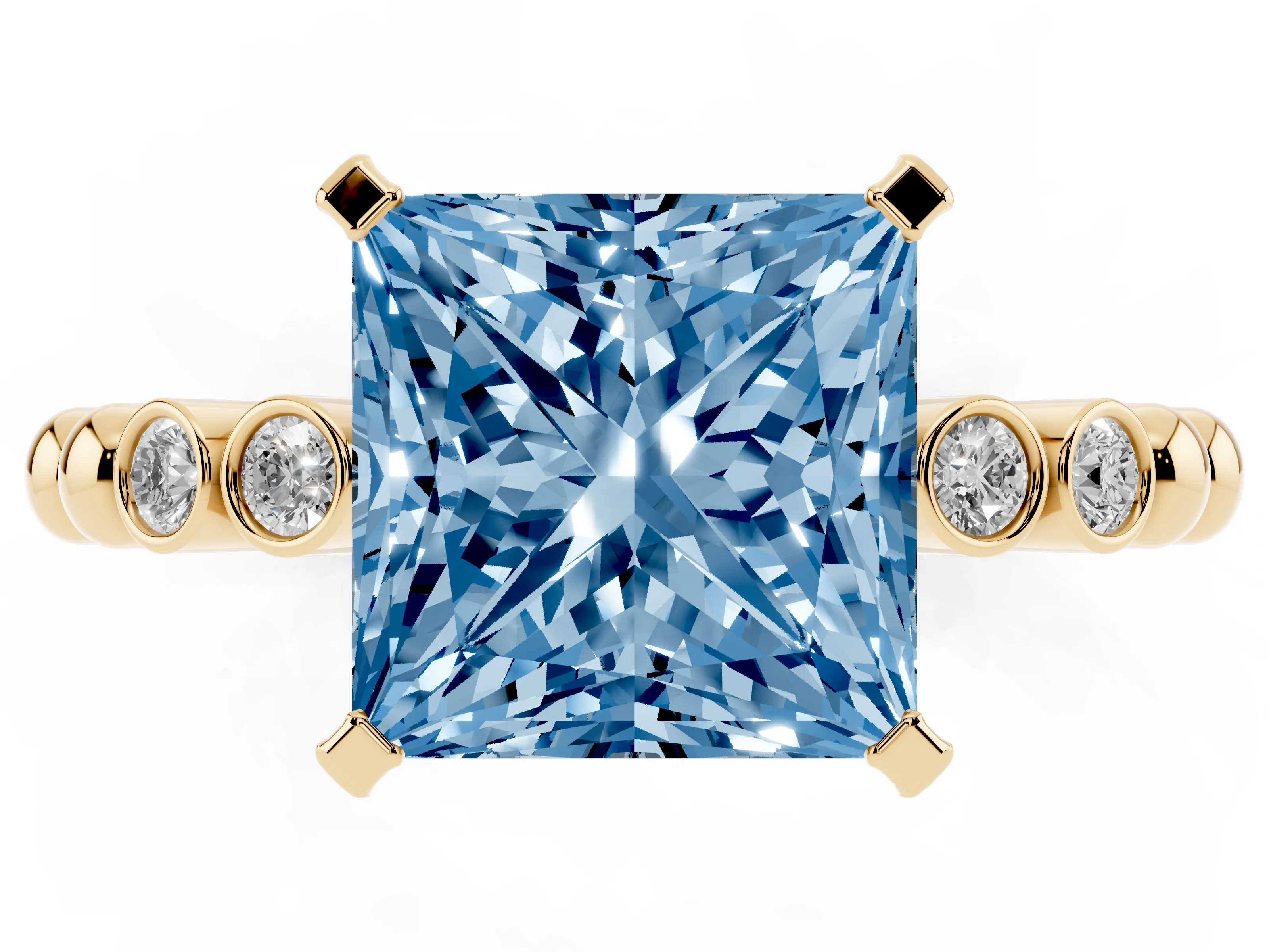 Fancy Blue Princess Cut Diamond Solitaire Engagement Ring Set in Yellow gold with Bezel Accents on Beaded Band