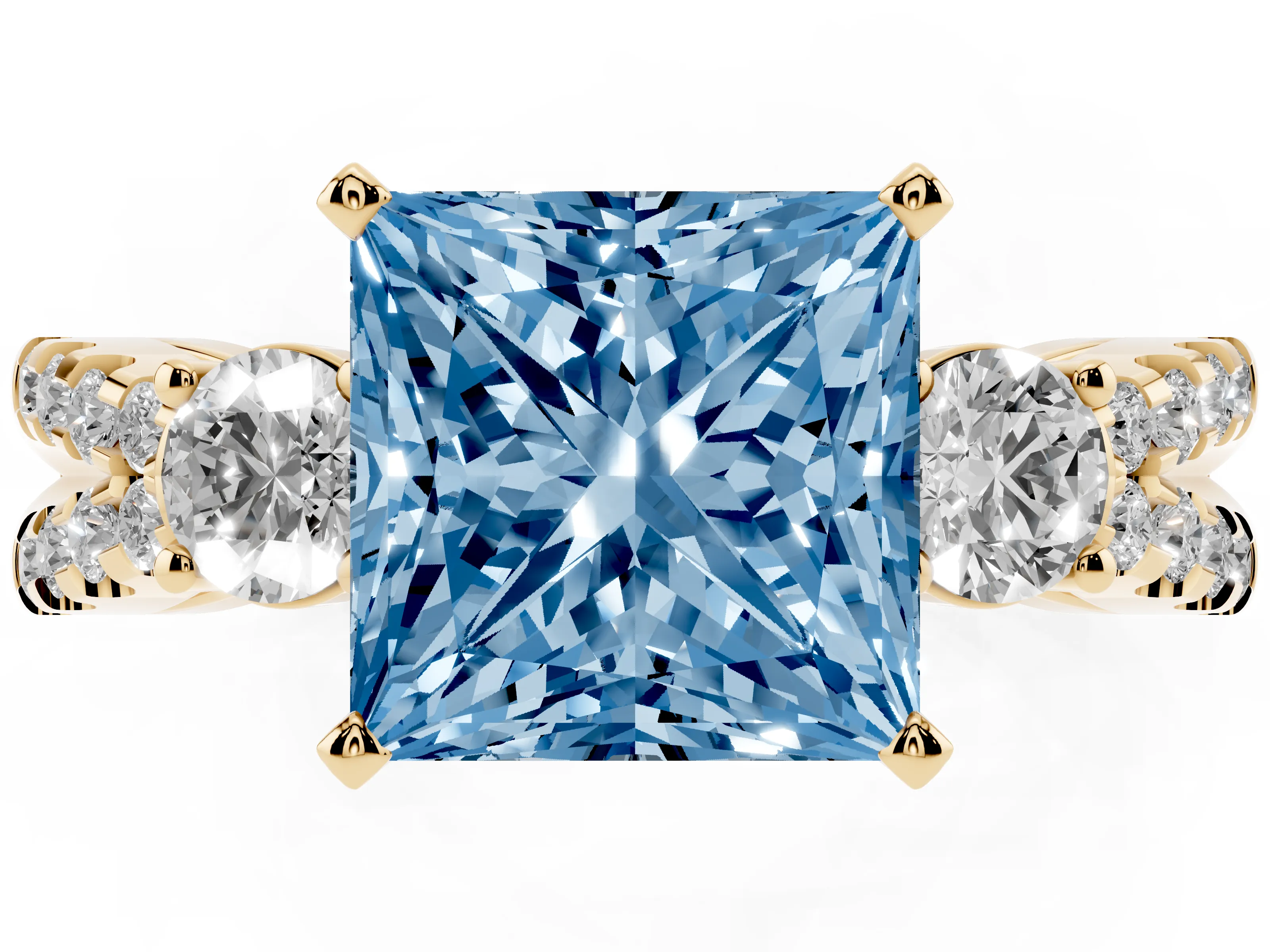Fancy Blue Princess Cut Diamond Three-Stone Ring Set in Yellow gold with Pavé Split Shank and Prong Setting