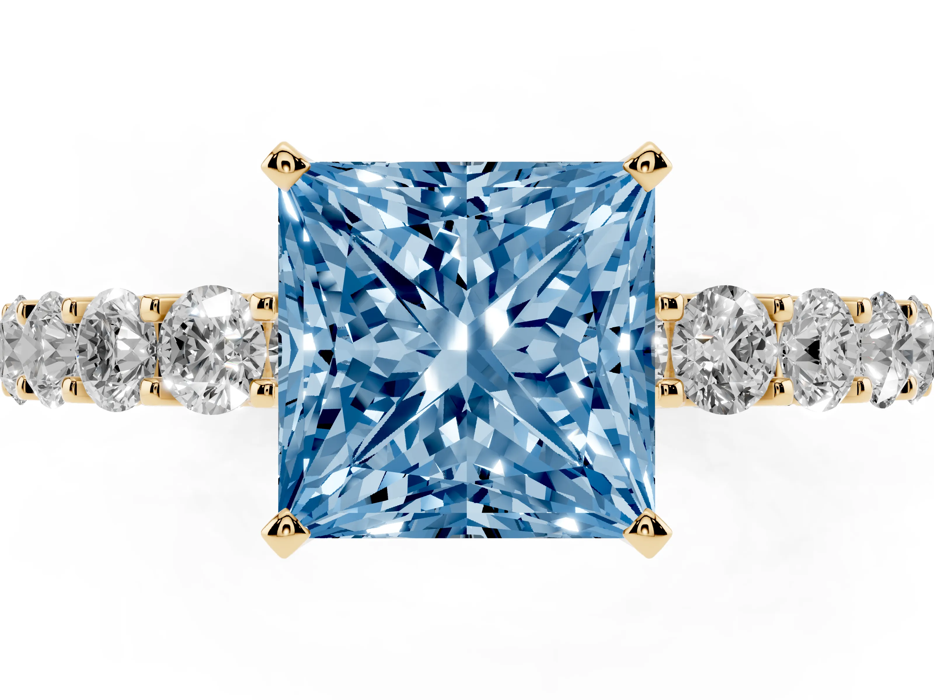 Fancy Blue Princess Cut Diamond Solitaire Ring Set in Yellow gold with Shared Prong Pavé Band