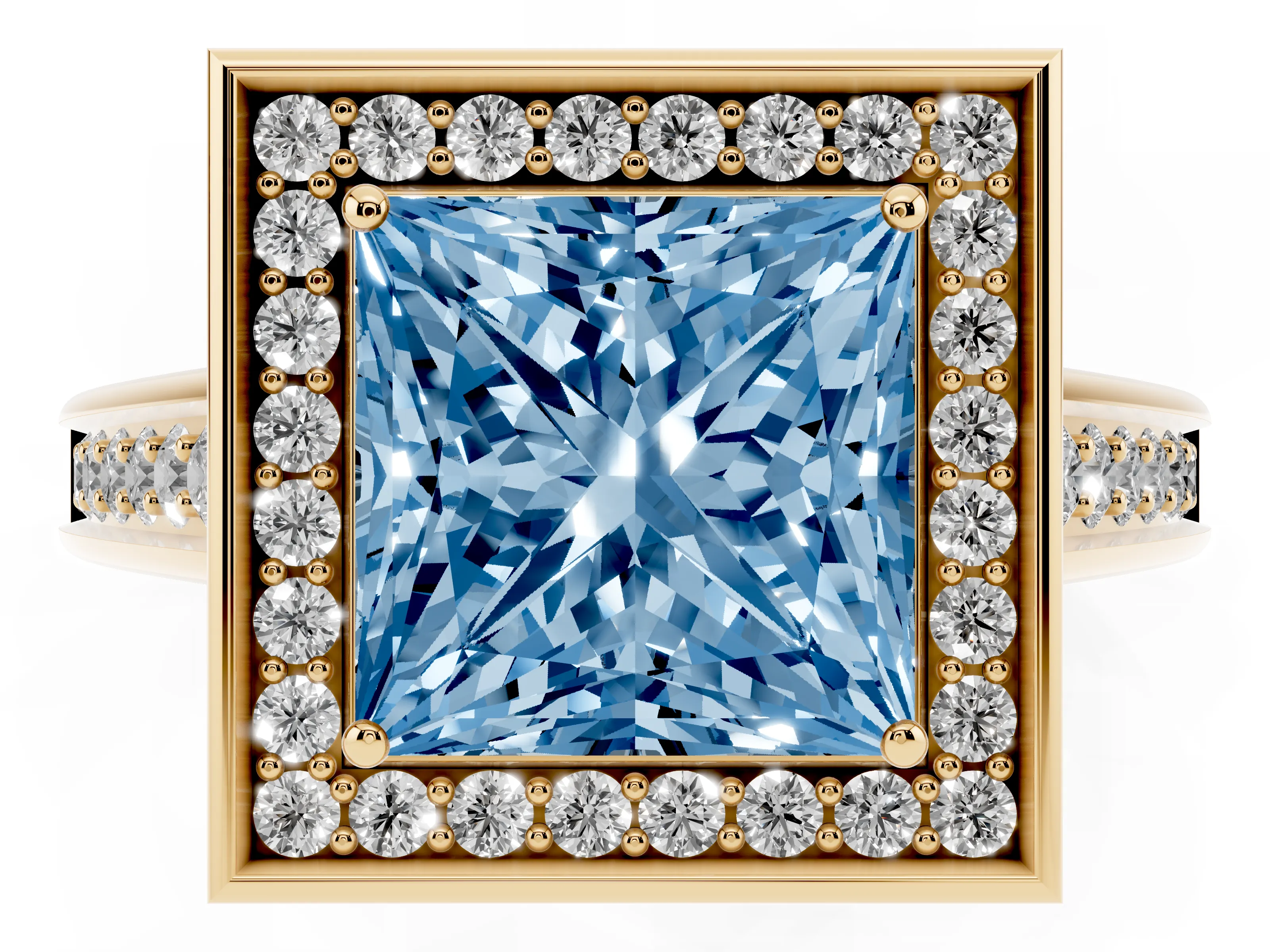Fancy Blue Princess Cut Diamond Halo Solitaire Ring Set in Yellow gold with Pavé Band and Bezel Setting