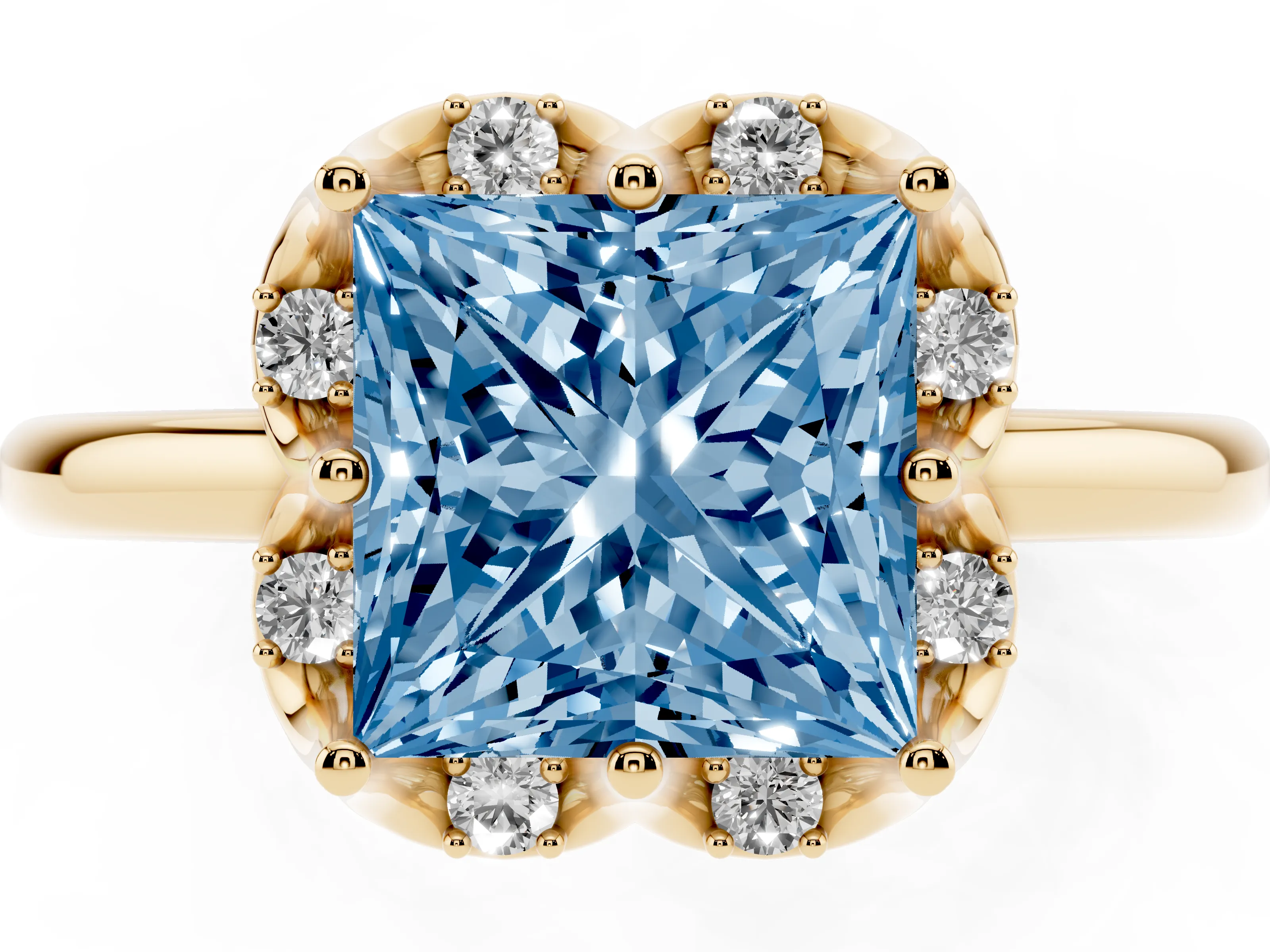 Fancy Blue Princess Cut Diamond Round Cluster Halo Ring Set in Yellow gold with Solitaire Band and Prong Setting