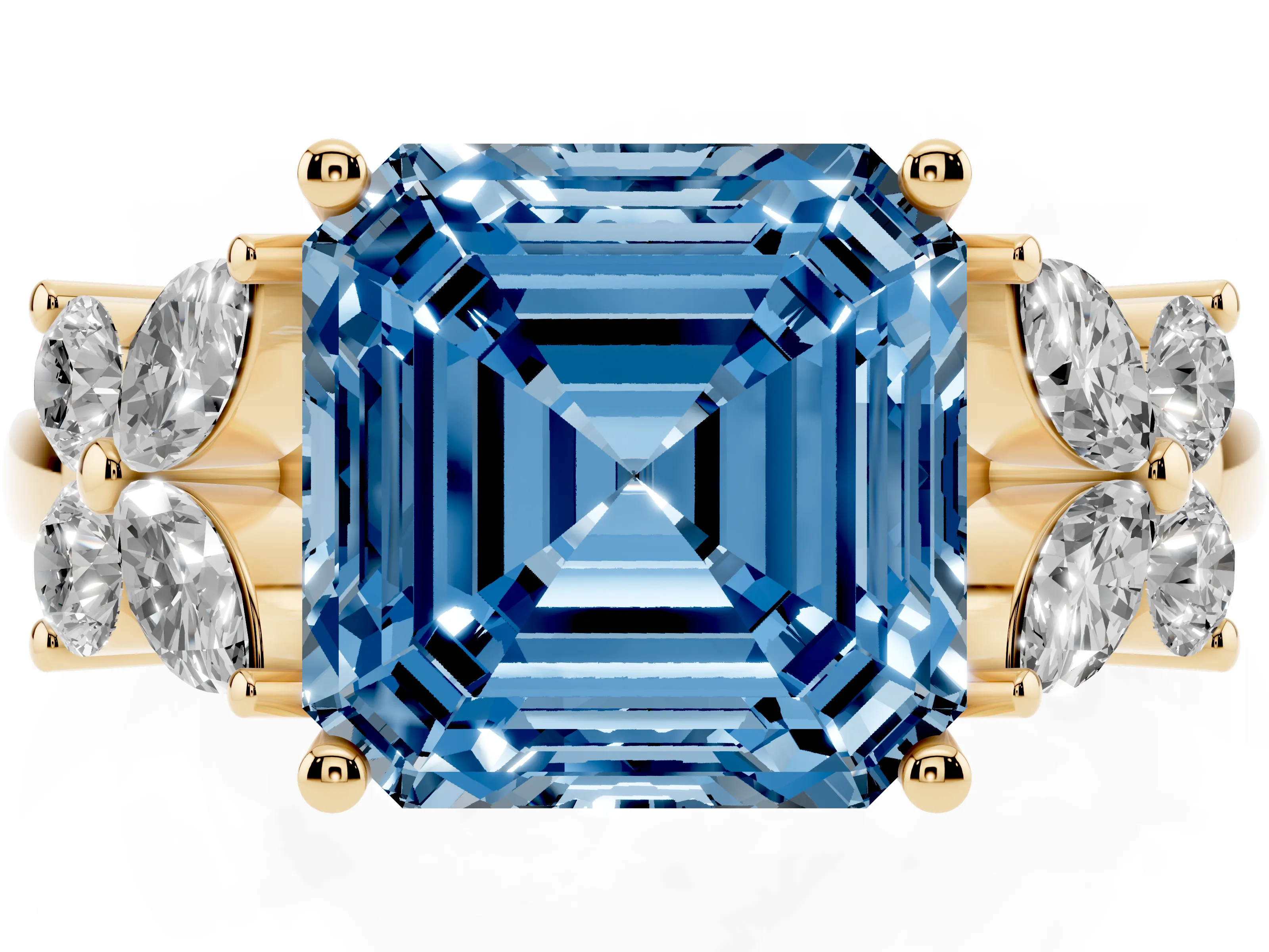 Fancy Blue Princess Cut Diamond Floral Cluster Ring Set in Yellow gold with Marquise Petals and Prong Setting