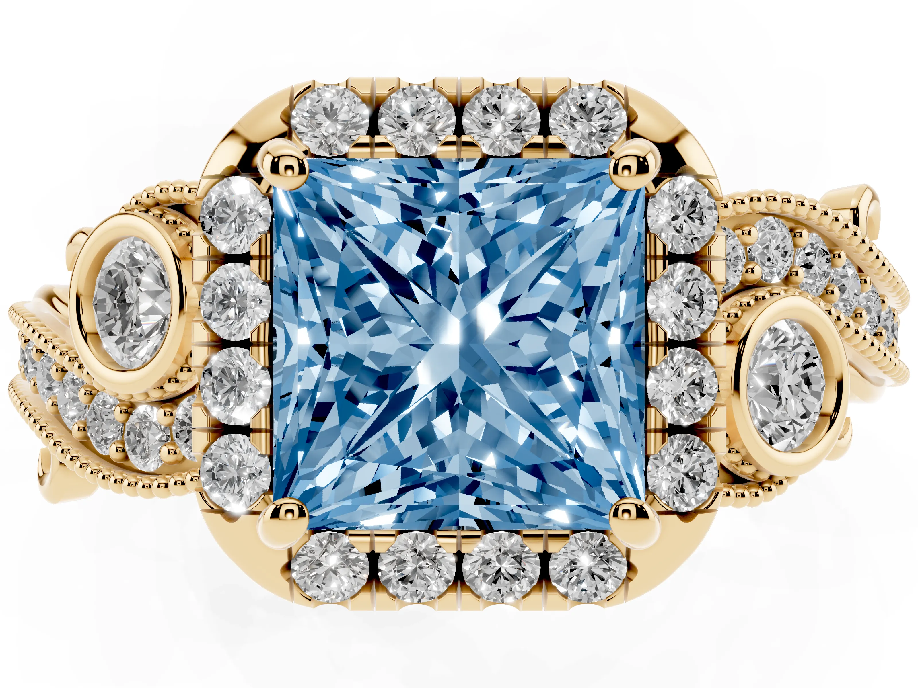 Fancy Blue Princess Cut Diamond Halo Ring Set in Yellow gold with Milgrain Pavé Band and Prong Setting
