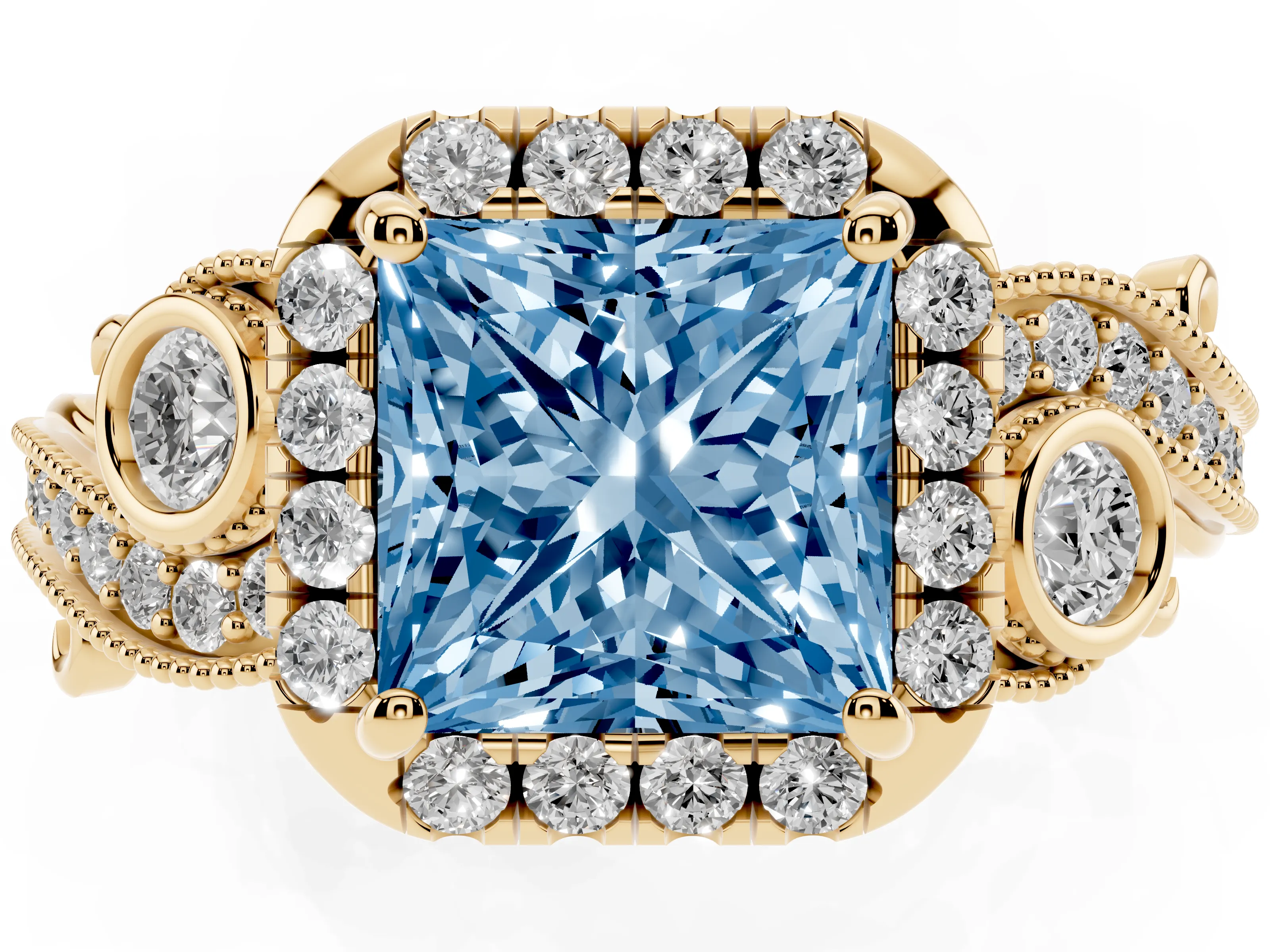 Fancy Blue Princess Cut Diamond Halo Split Shank Ring Set in Yellow gold with Milgrain and Bezel Accents