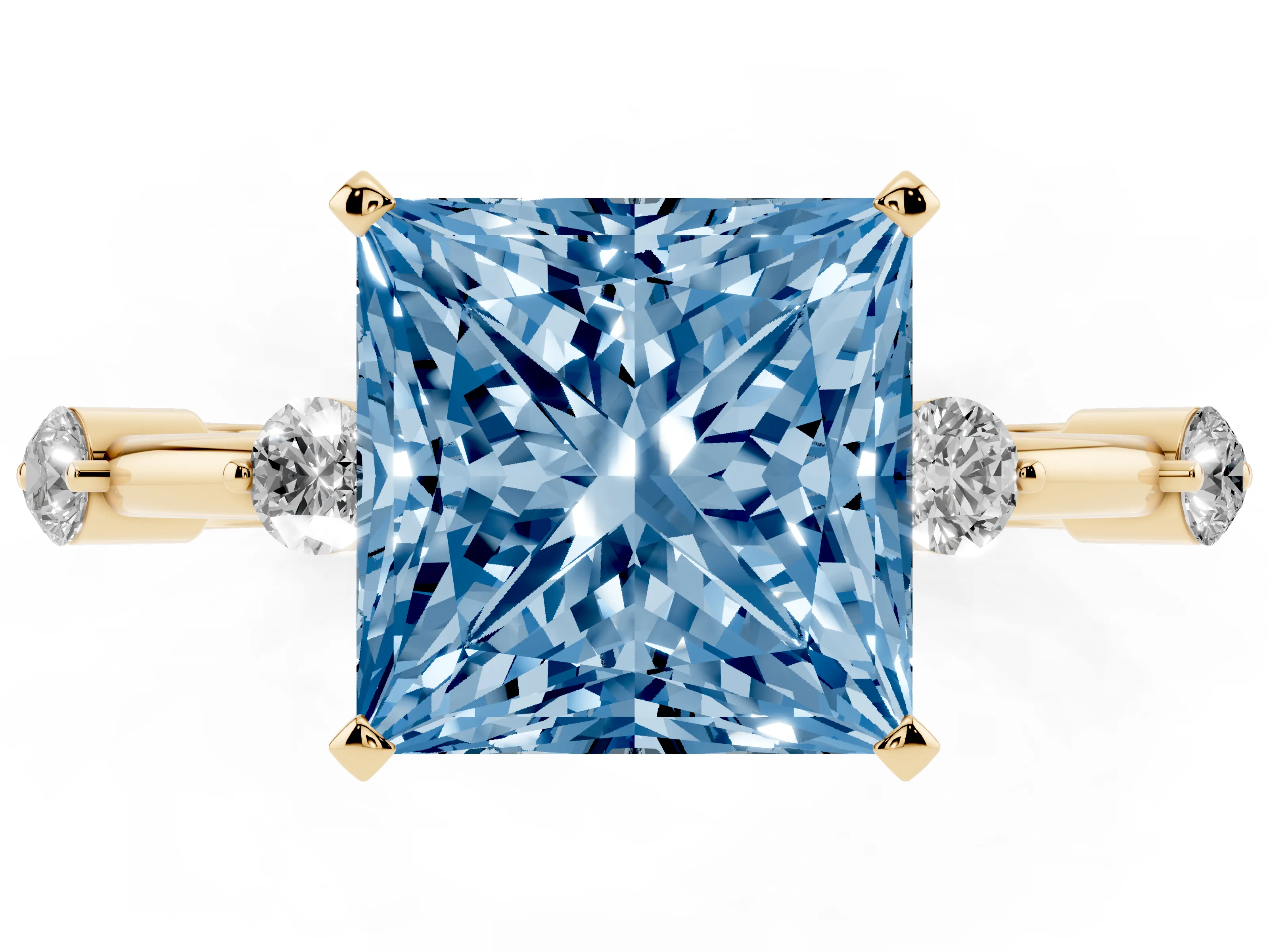 Fancy Blue Princess Cut Diamond Solitaire Ring Set in Yellow gold with Bezel Set Side Stones and Prong Setting