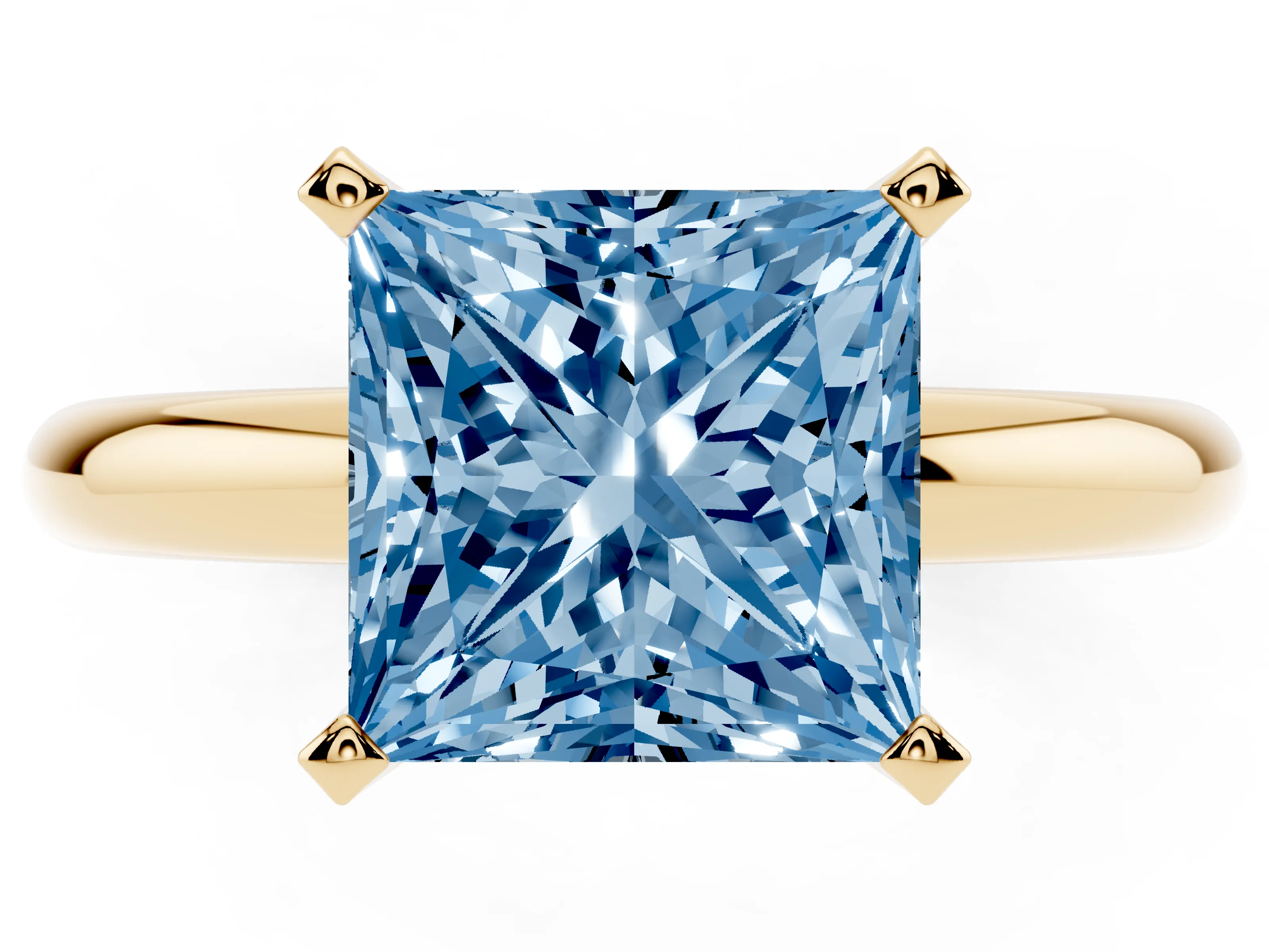 Fancy Blue Princess Cut Diamond Solitaire Engagement Ring Set in Yellow gold with Round Band and Prong Setting