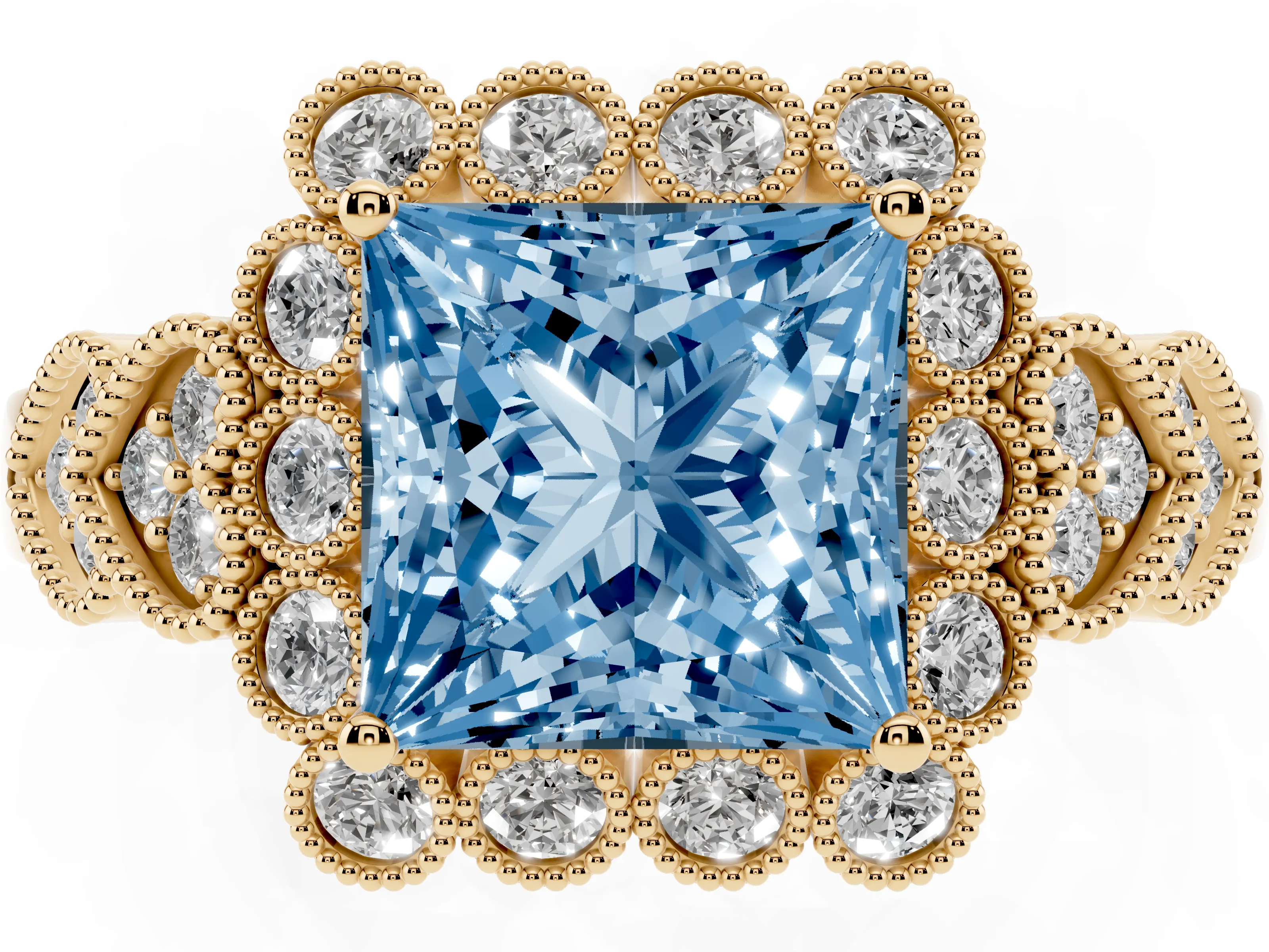 Fancy Blue Princess Cut Diamond Solitaire Ring Set in Yellow gold with Milgrain Pavé Heart Band