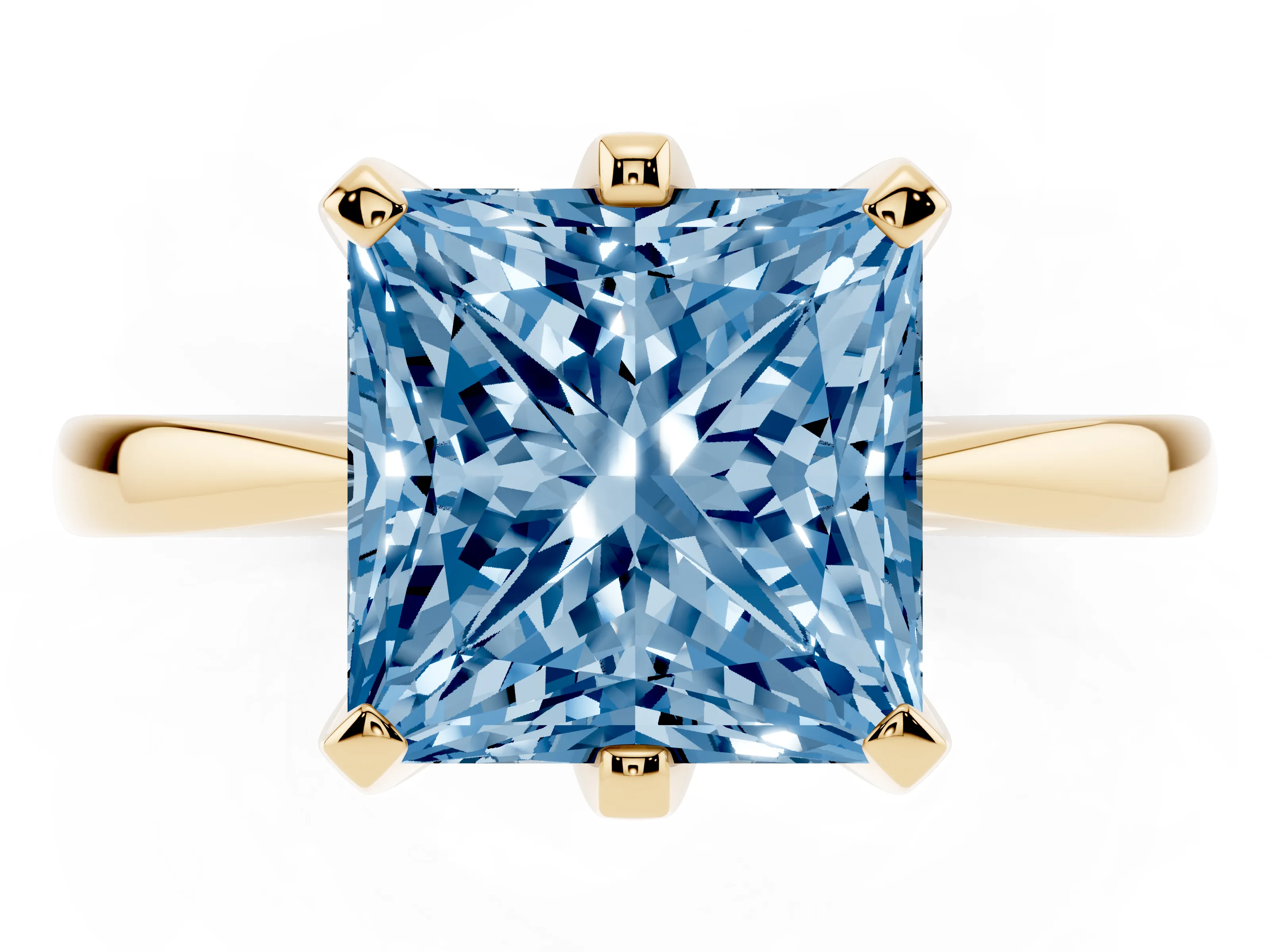 Fancy Blue Princess Cut Diamond Solitaire Engagement Ring Set in Yellow gold with Slim Tapered Solitaire Band