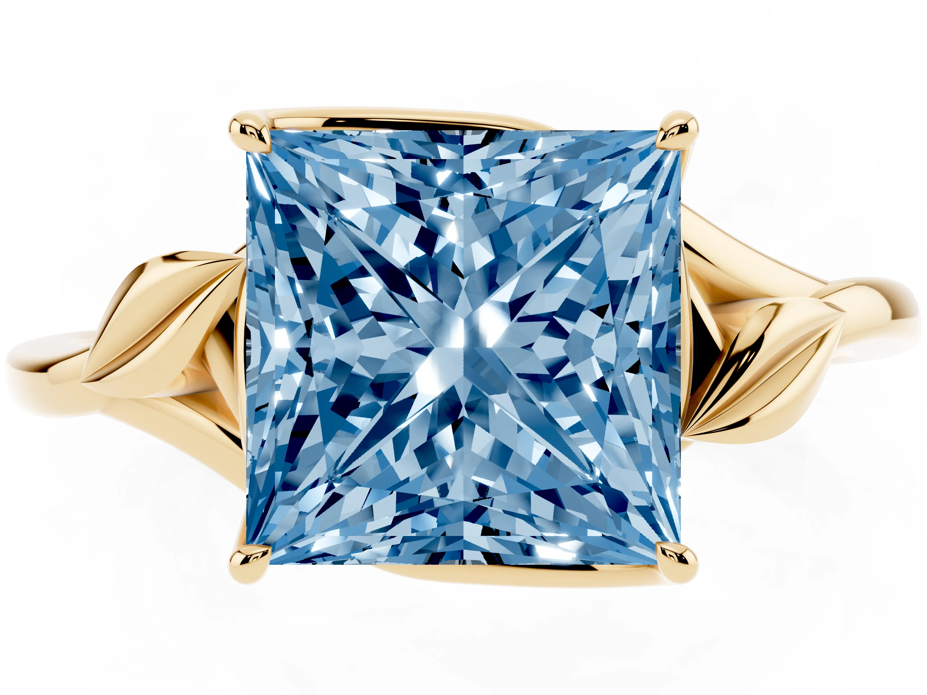 Fancy Blue Princess Cut Diamond Solitaire Ring Set in Yellow gold with Polished Twist Band