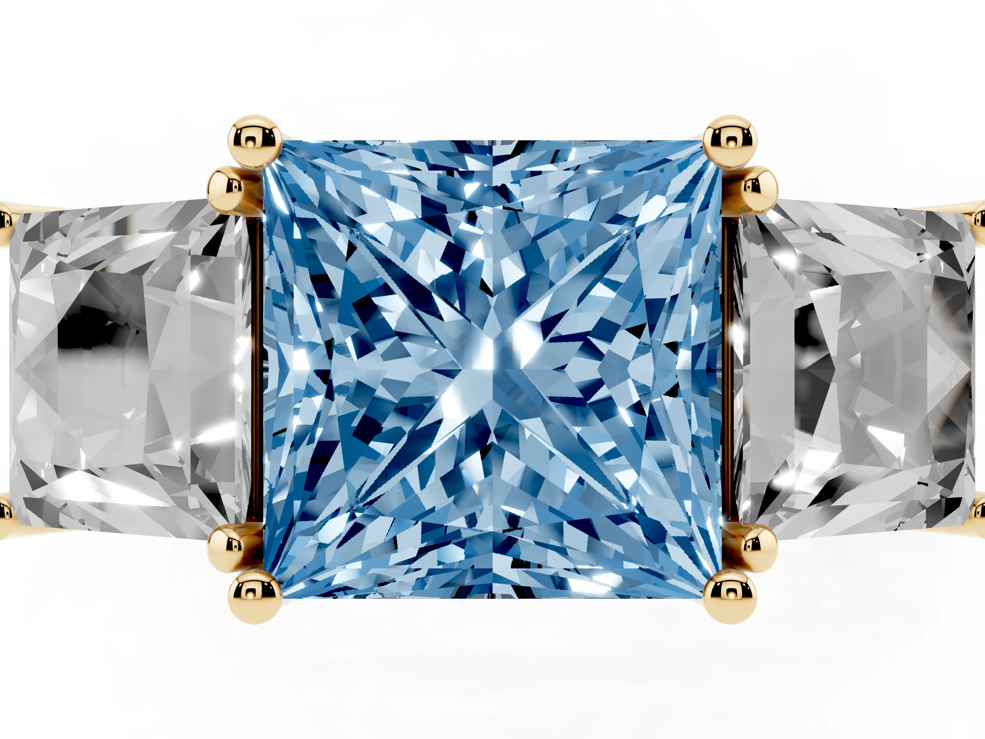 Fancy Blue Princess Cut Diamond Three-Stone Ring Set in Yellow gold with Pavé Band