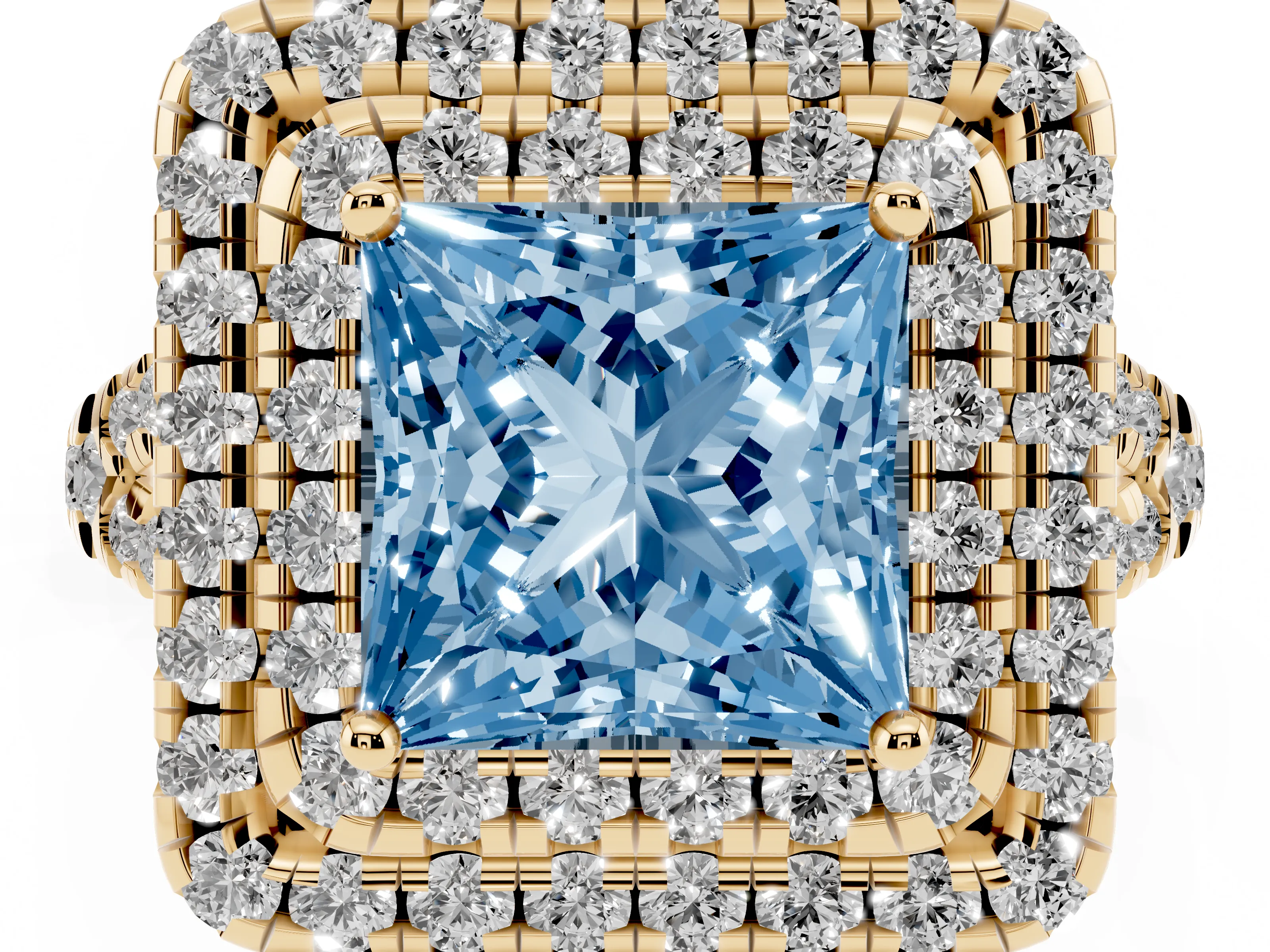 Fancy Blue Princess Cut Diamond Double Halo Ring Set in Yellow gold with Pavé Split Shank and Prong Setting