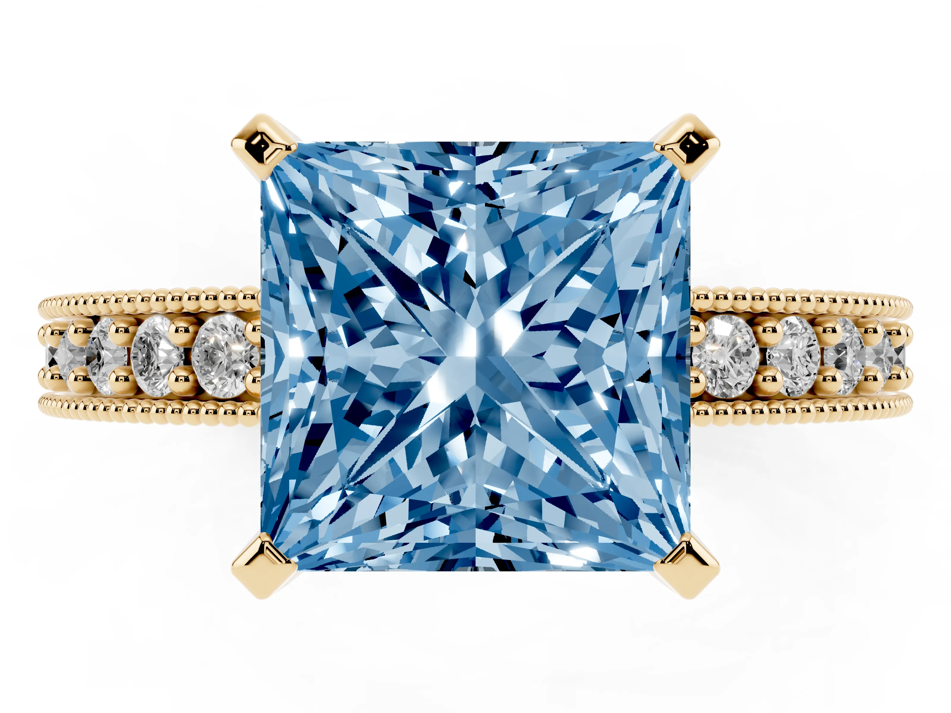 Fancy Blue Princess Cut Diamond Milgrain Pavé Engagement Ring Set in Yellow gold with Prong Setting