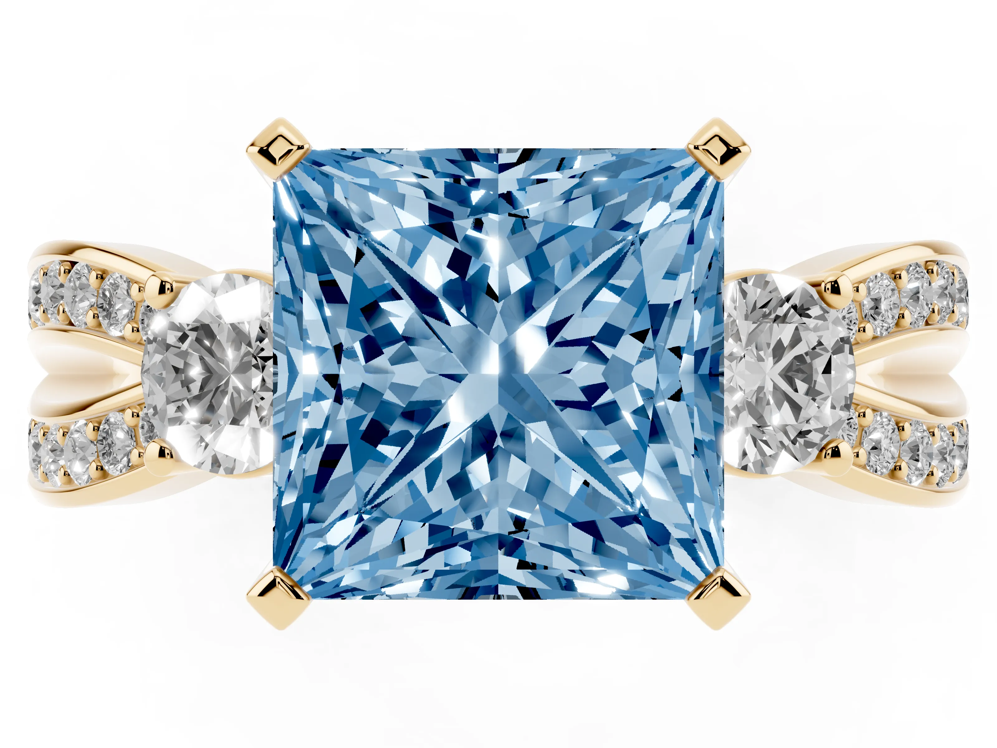 Fancy Blue Three-Stone Princess Cut Diamond Twist Band Ring Set in Yellow gold with Pavé Accents and Prong Setting