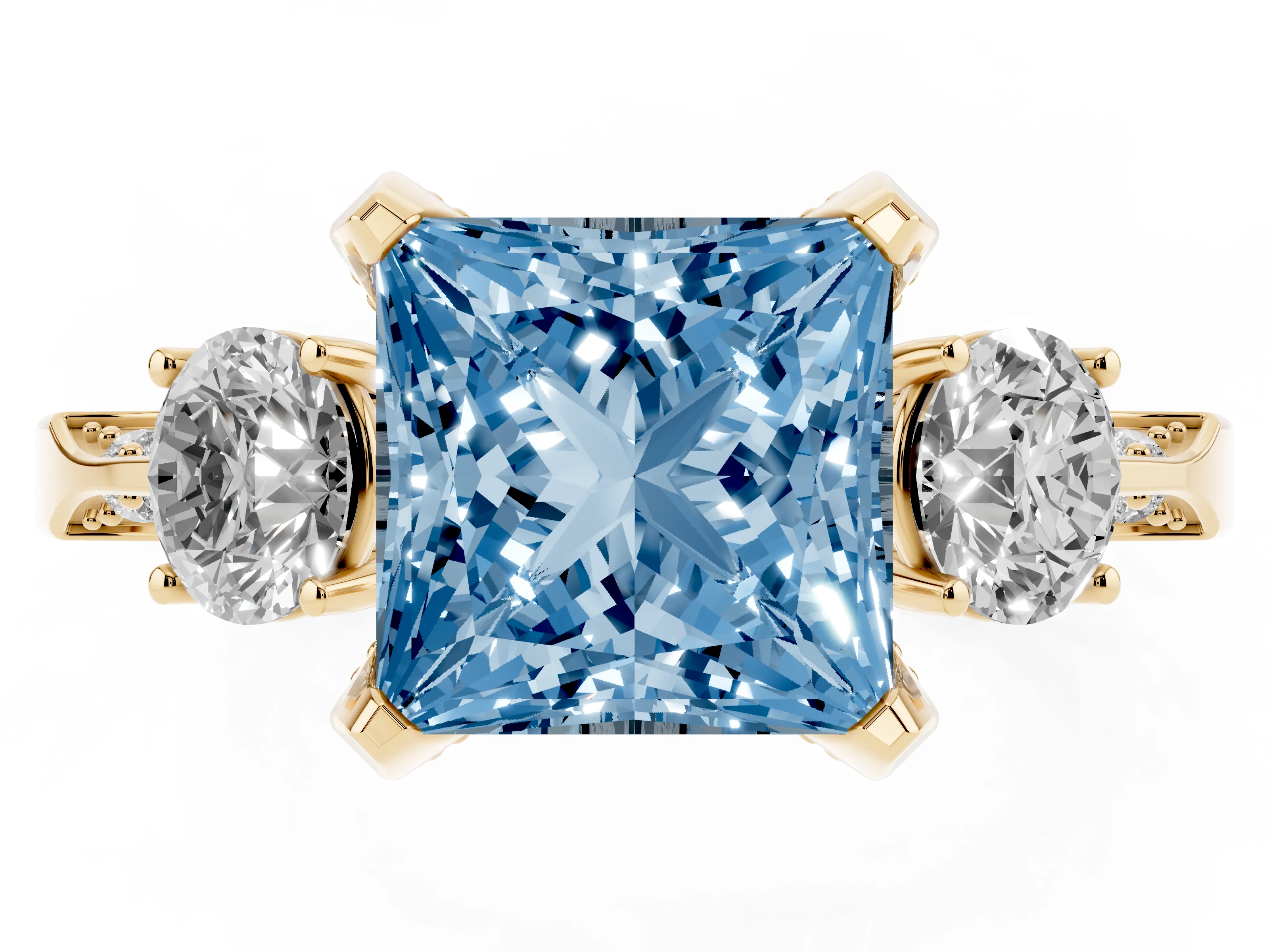 Fancy Blue Princess Cut Diamond Three-Stone Ring Set in Yellow gold with Pavé Band and Smaller Side Stones