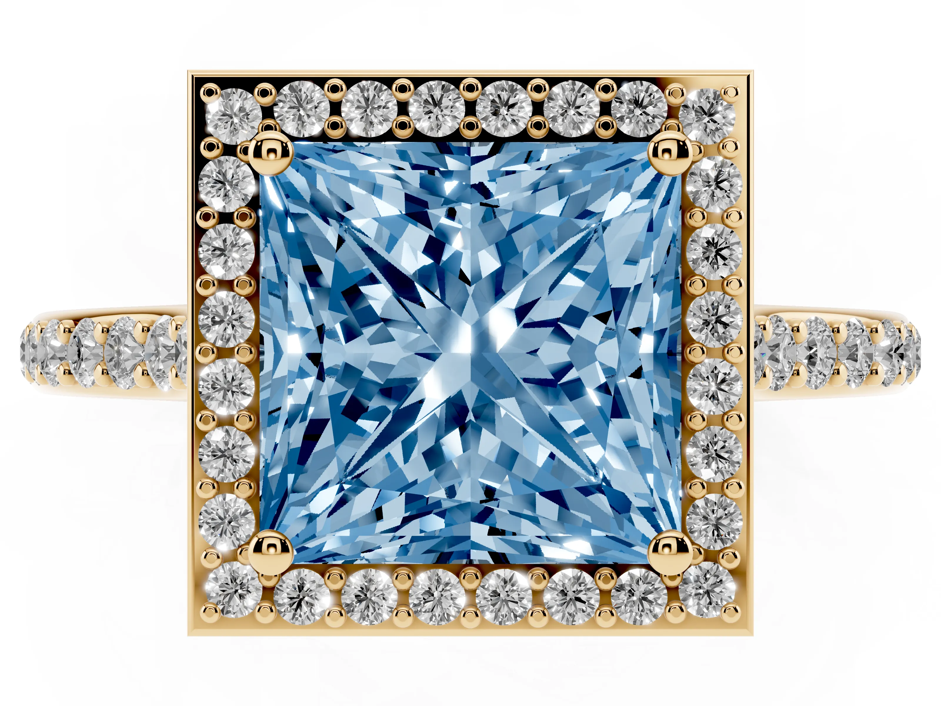 Fancy Blue Princess Cut Diamond Halo Engagement Ring Set in Yellow gold with Round Pavé Shoulders and Heart Gallery