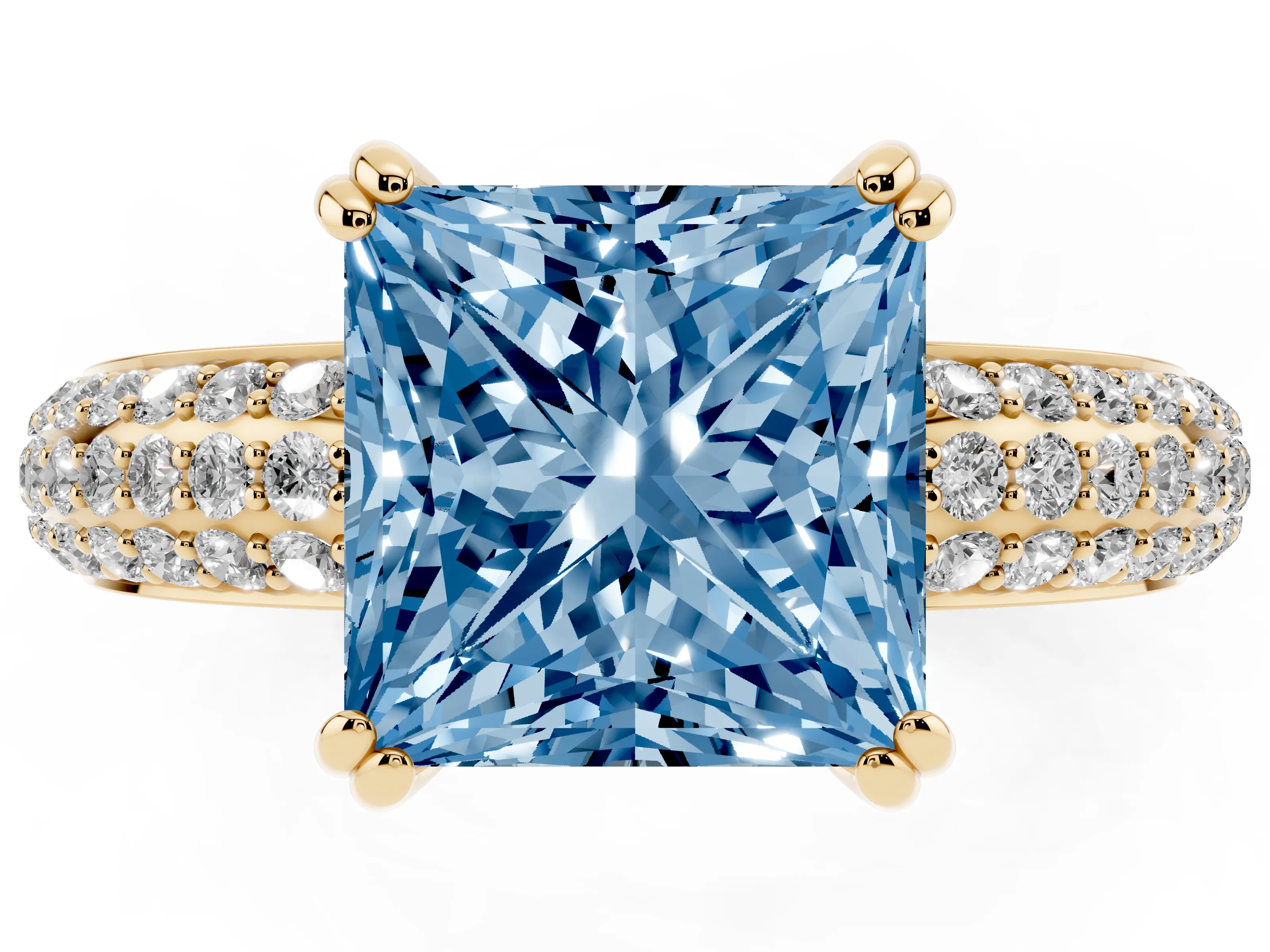 Fancy Blue Princess Cut Diamond Solitaire Ring Set in Yellow gold with Multi-Row Round Pavé Band and Prong Setting