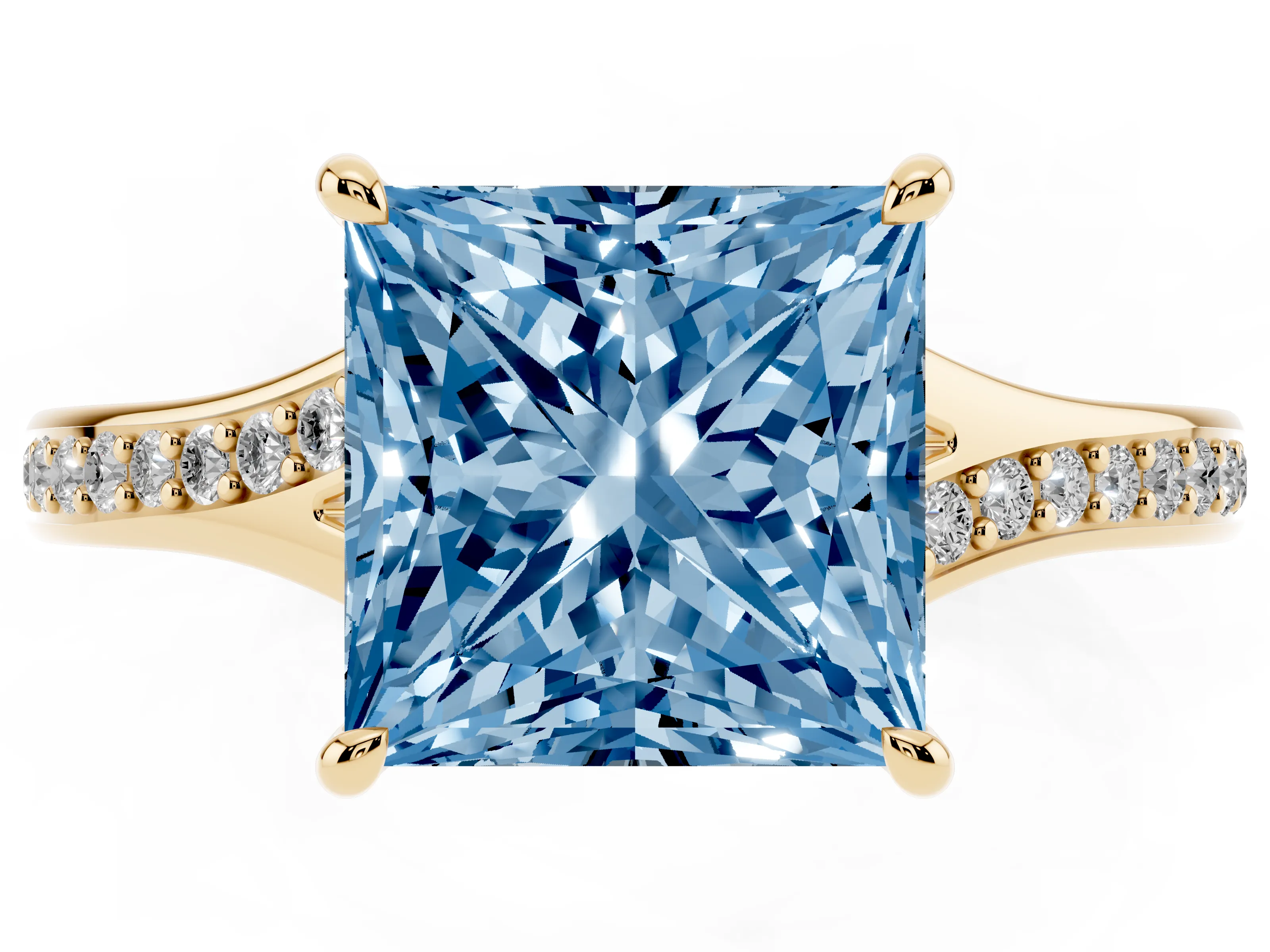 Fancy Blue Princess Cut Diamond Solitaire Ring Set in Yellow gold with Pavé Accent Band and Classic Prong Setting