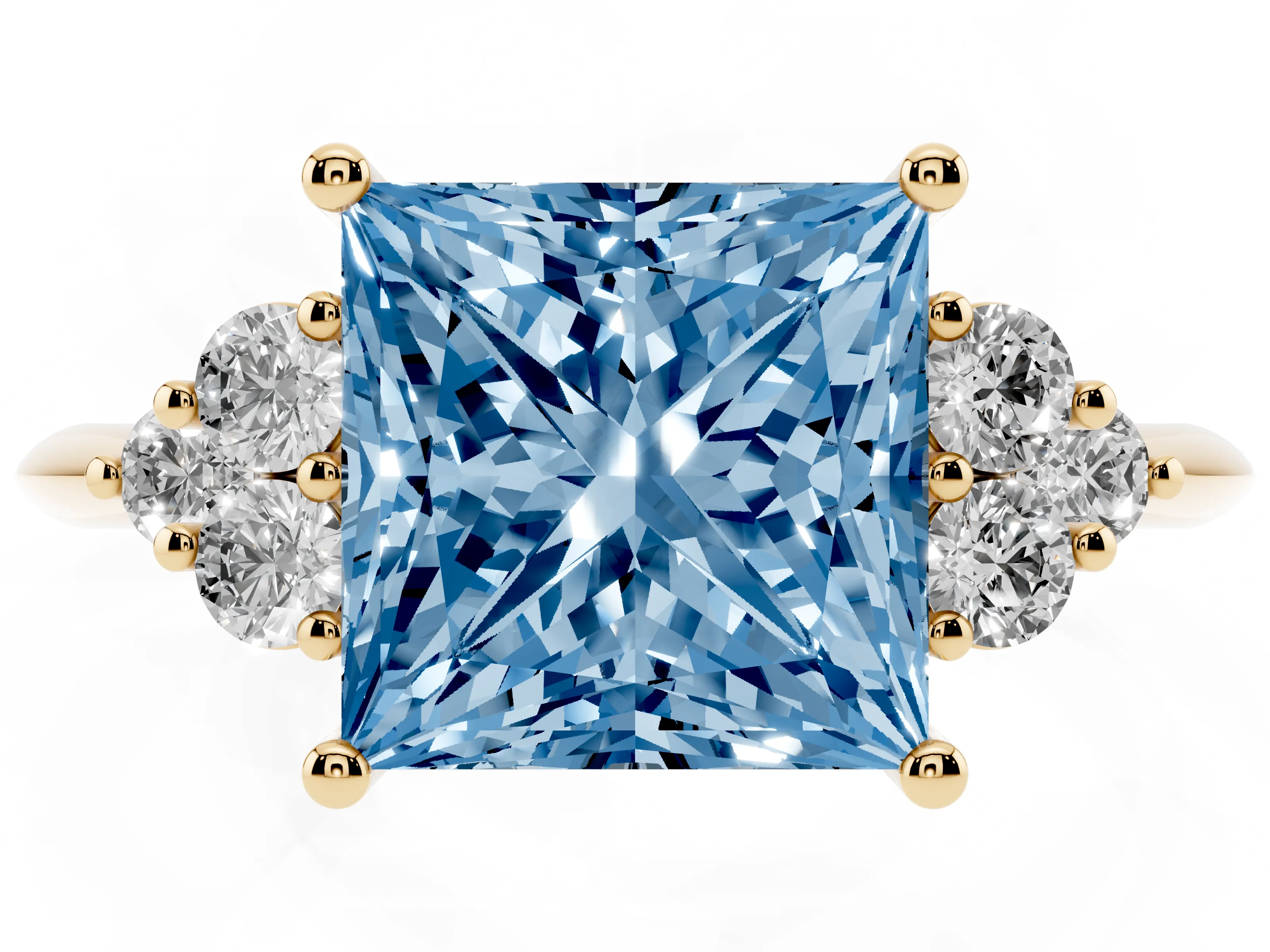 Fancy Blue Princess Cut Diamond Cluster Ring Set in Yellow gold with Plain Band and Prong Setting
