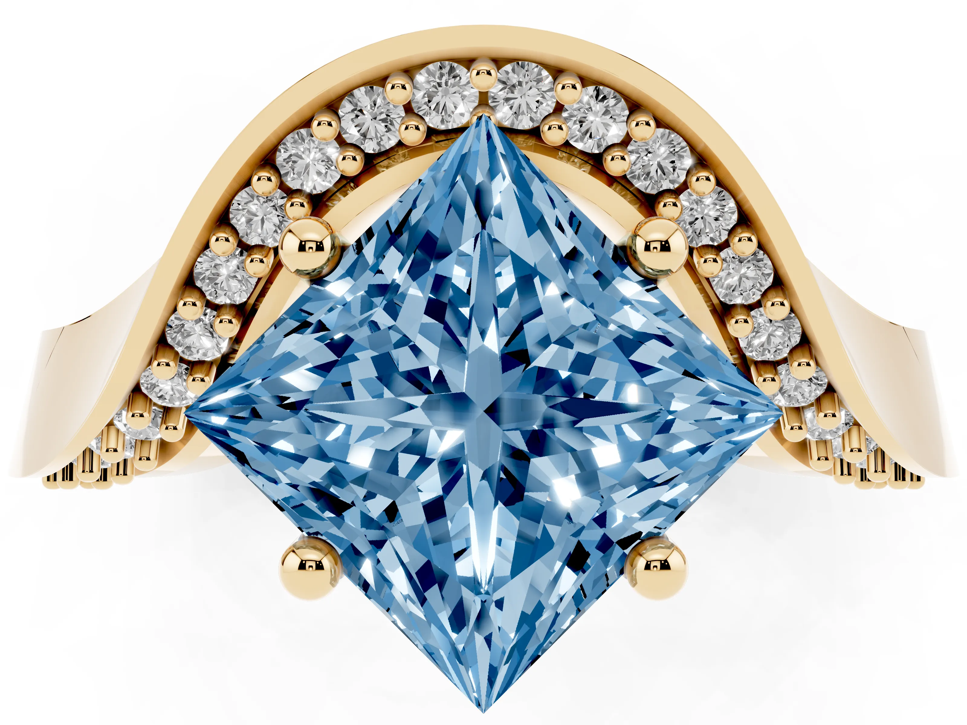 Fancy Blue Princess Cut Diamond Solitaire Engagement Ring Set in Yellow gold with Pavé Shoulders