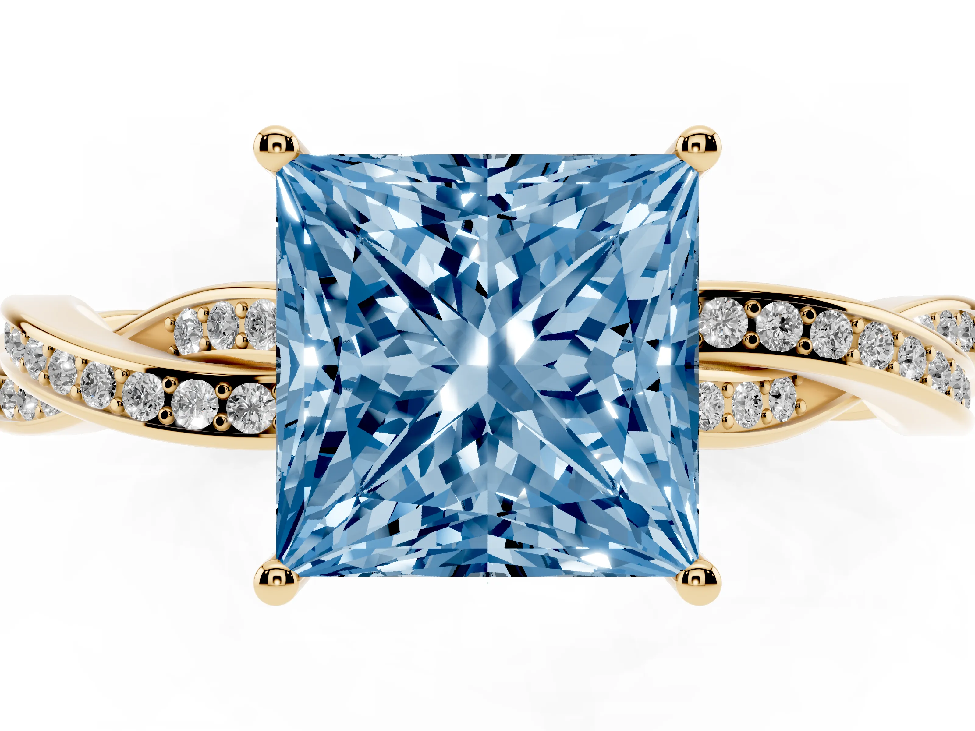 Fancy Blue Princess Cut Diamond Solitaire Twisted Pavé Ring Set in Yellow gold with Prong Setting
