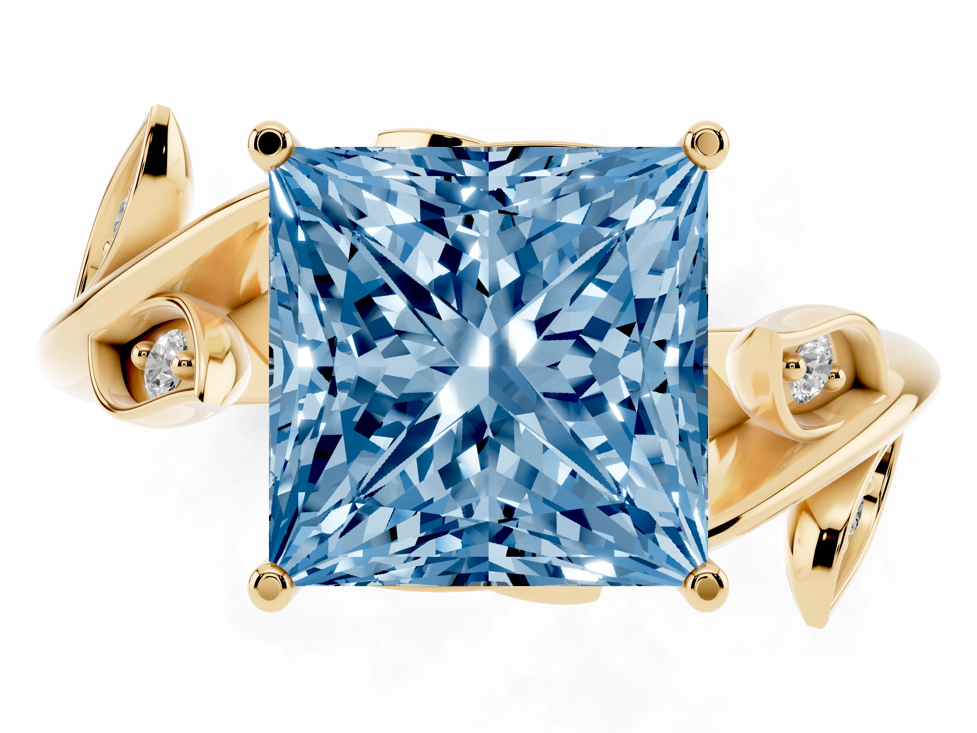 Fancy Blue Princess Cut Diamond Solitaire Twist Engagement Ring Set in Yellow gold with Pavé Leaf Accents