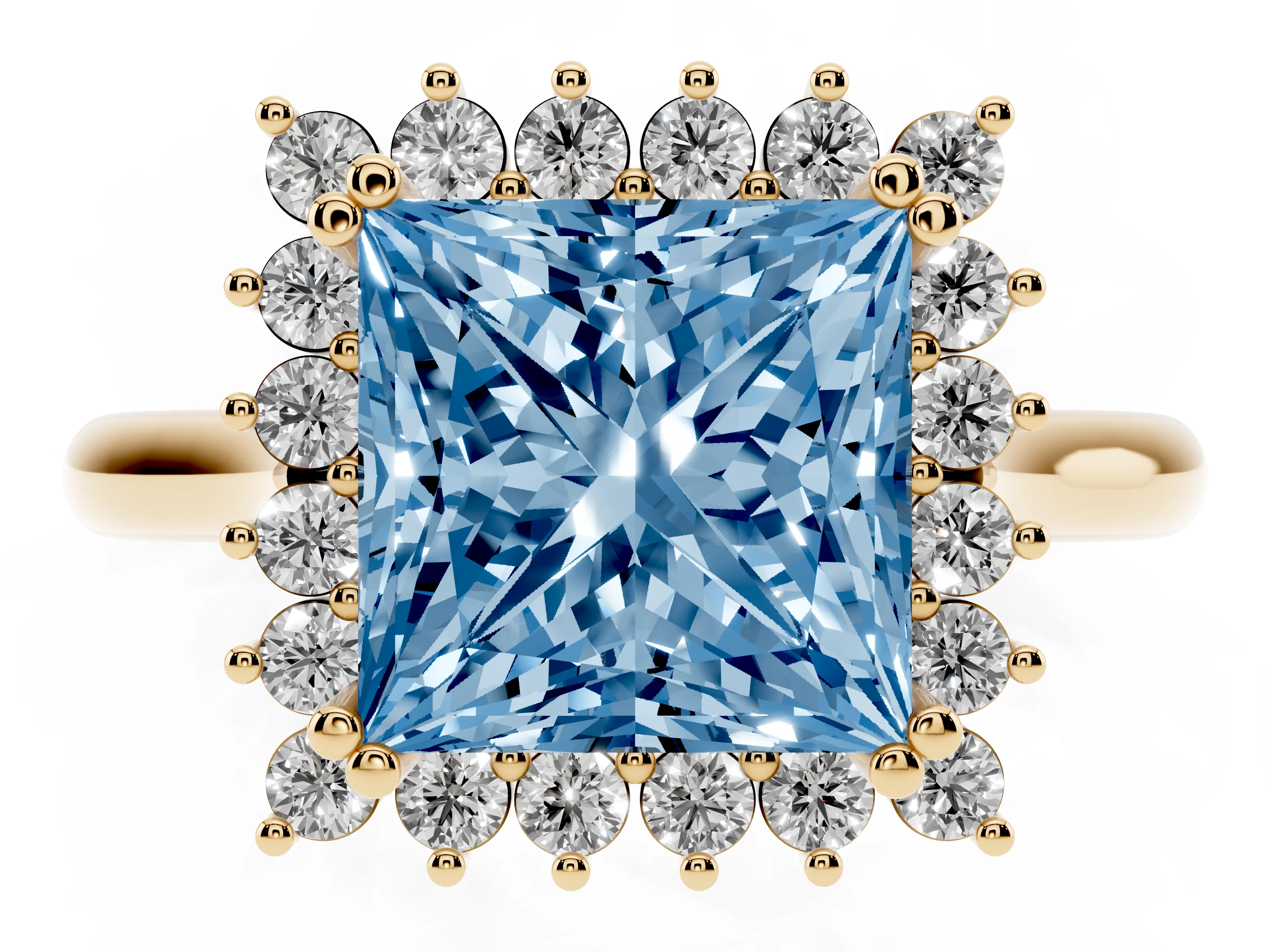Fancy Blue Princess Cut Diamond Halo Ring Set in Yellow gold with Plain Solitaire Band and Prong Setting