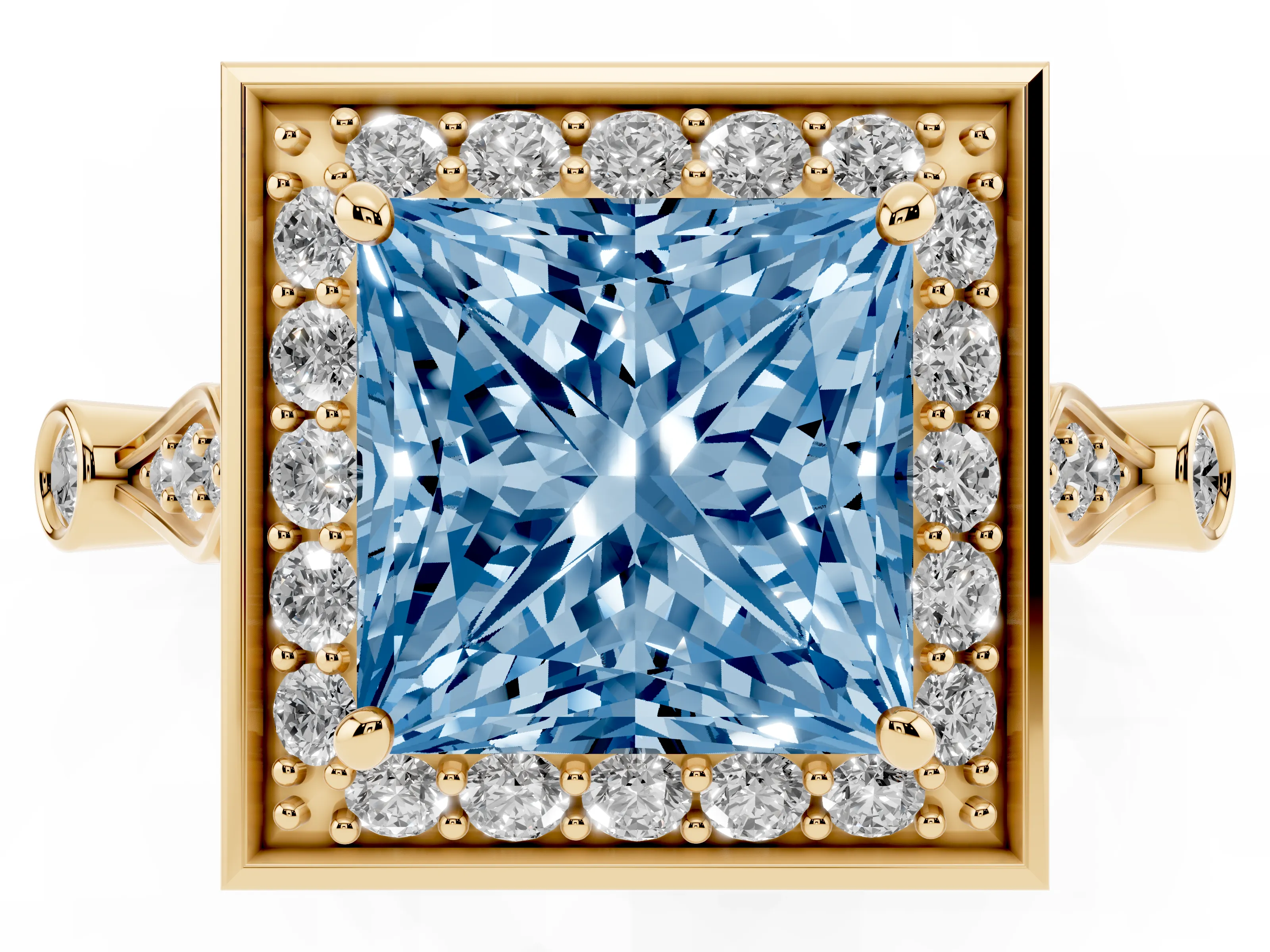 Fancy Blue Princess Cut Diamond Halo Engagement Ring Set in Yellow gold with Twisted Band and Prong Setting