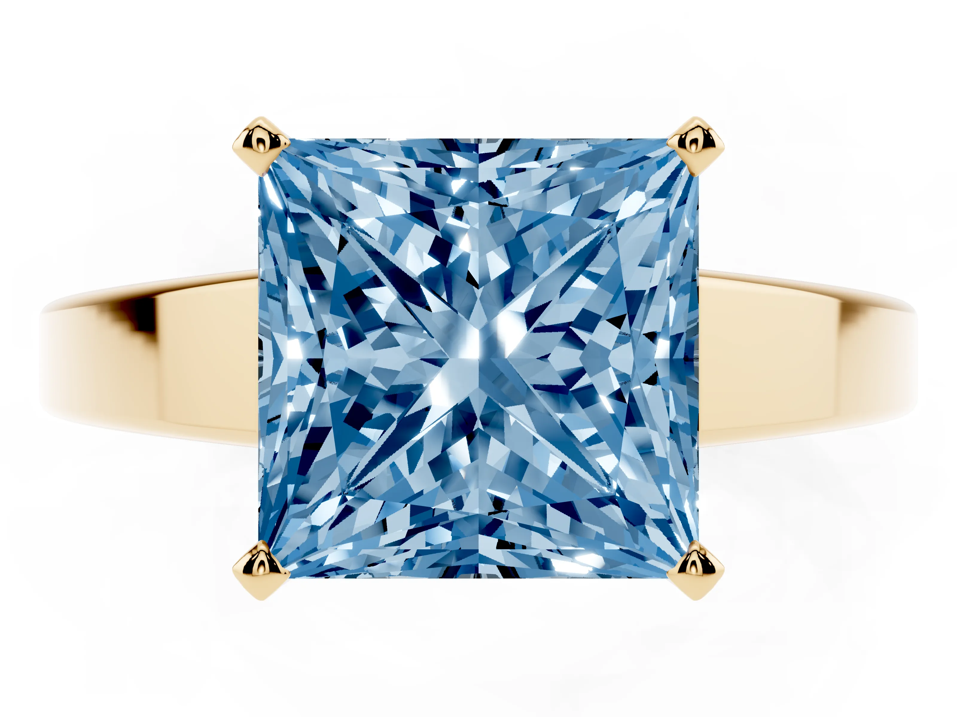 Fancy Blue Princess Cut Diamond Solitaire Engagement Ring Set in Yellow gold with Prong Setting and Tapered Band