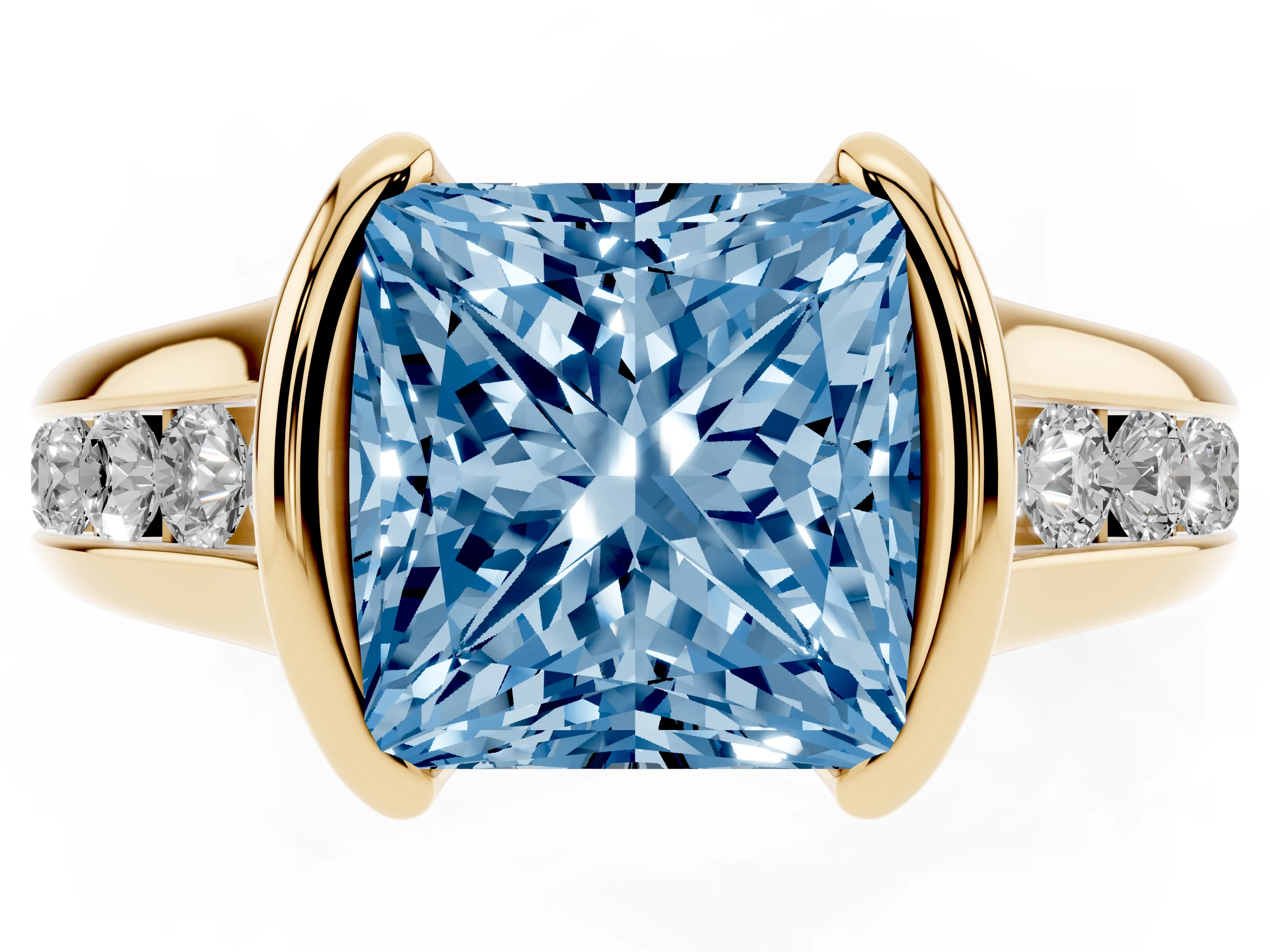 Fancy Blue Princess Cut Diamond Bezel-Set Solitaire Ring Set in Yellow gold with Channel-Set Band