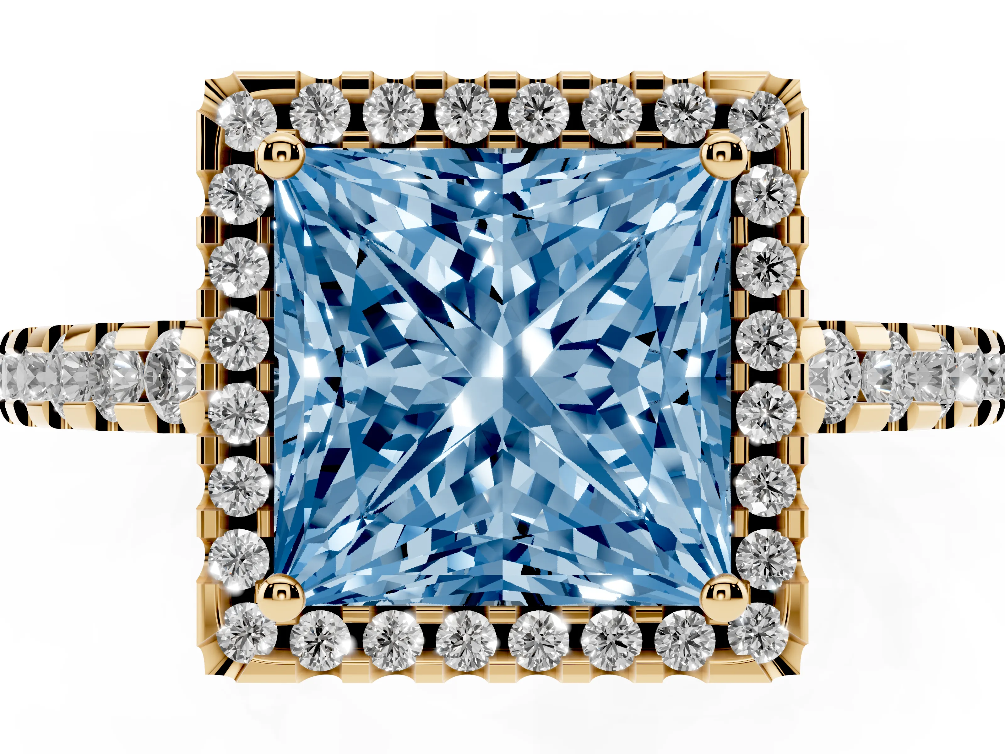 Fancy Blue Princess Cut Diamond Halo Ring Set in Yellow gold with Pavé Shoulders and Halo-Framed Center