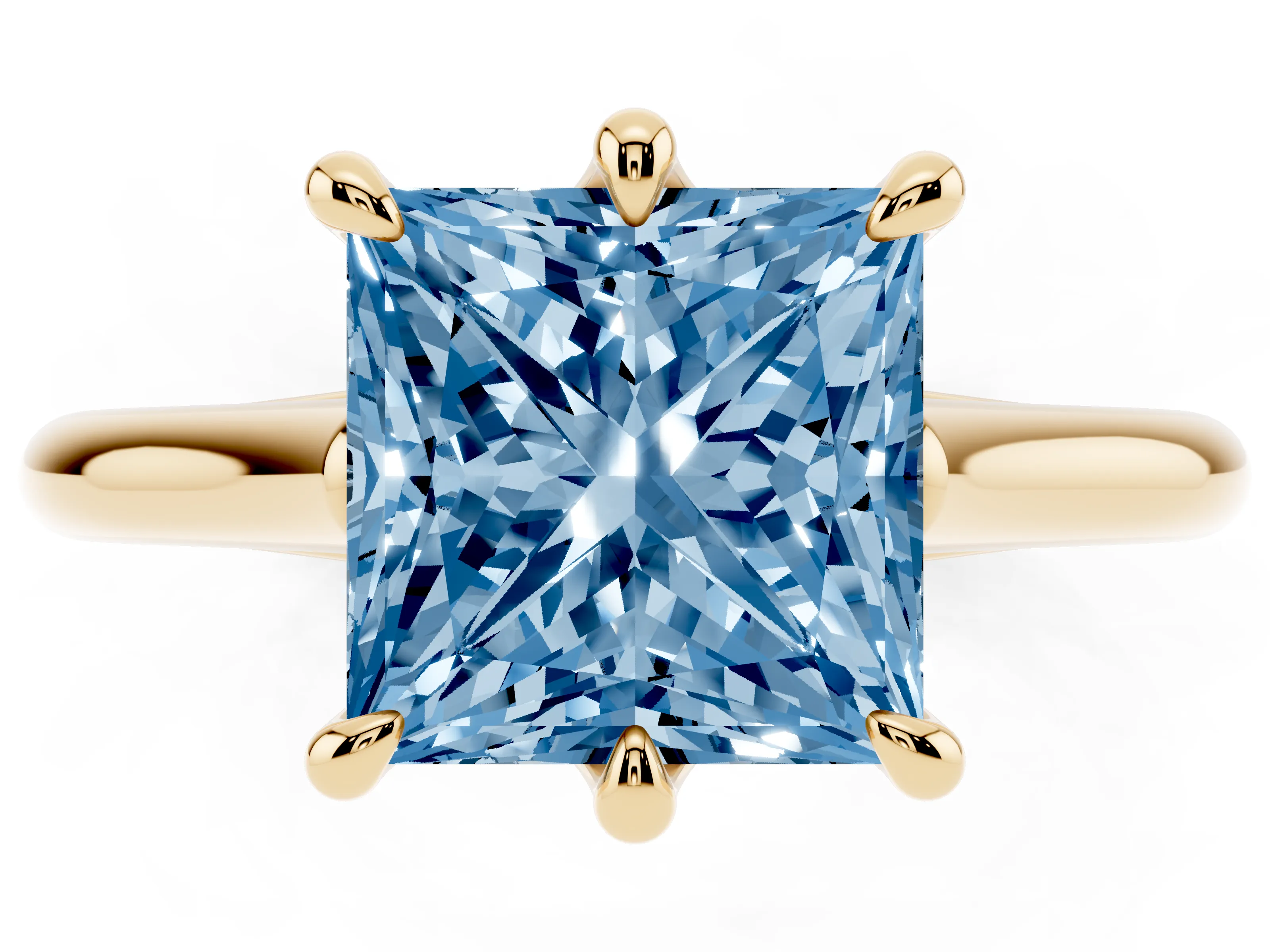 Fancy Blue Princess Cut Diamond Solitaire Engagement Ring Set in Yellow gold with Prong Setting and Plain Classic Band
