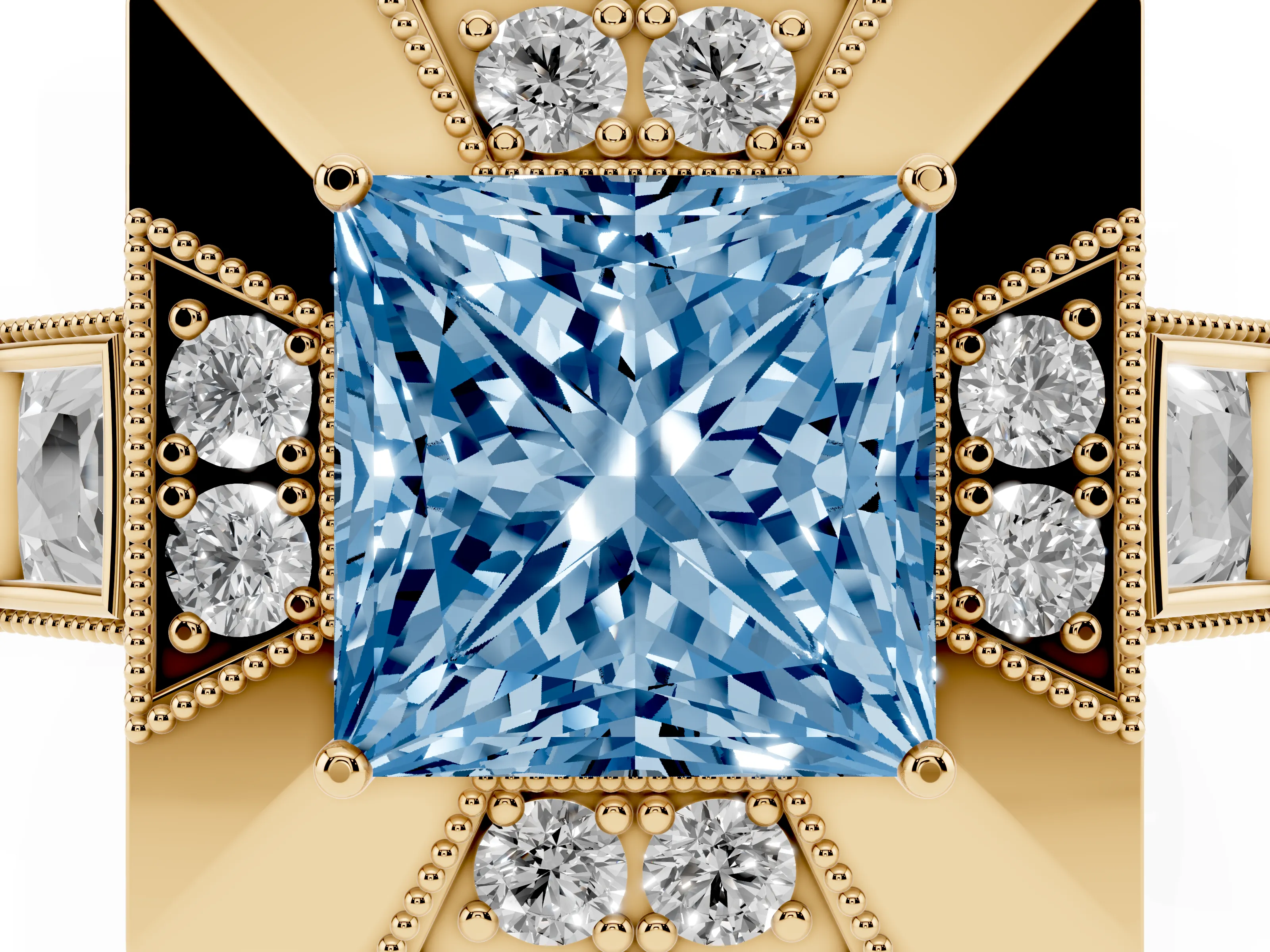 Fancy Blue Princess Cut Diamond Milgrain Halo Ring Set in Yellow gold with Split Shank