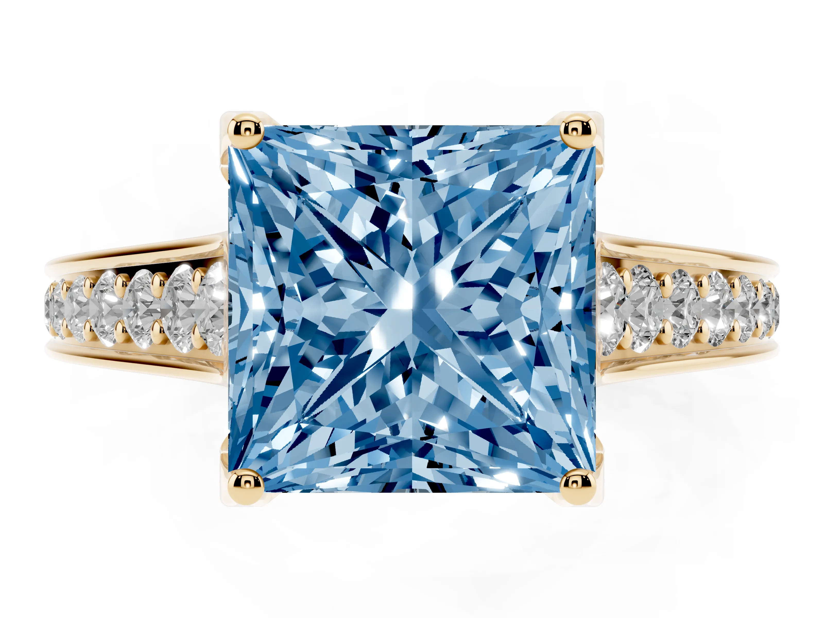 Fancy Blue Princess Cut Diamond Solitaire Pavé Engagement Ring Set in Yellow gold with Prong Setting