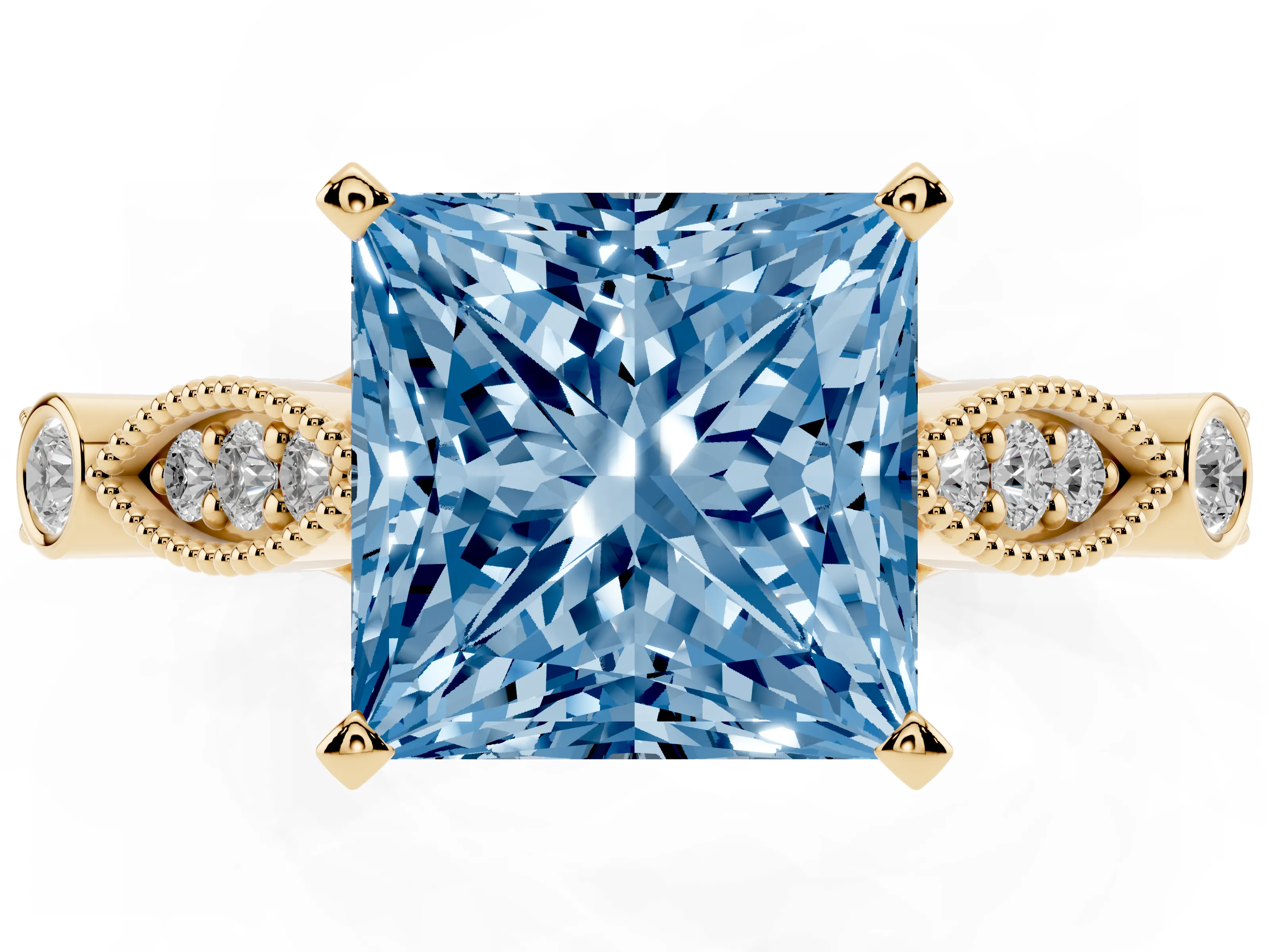 Fancy Blue Princess Cut Diamond Solitaire Ring Set in Yellow gold with Milgrain Marquise and Bezel Accents
