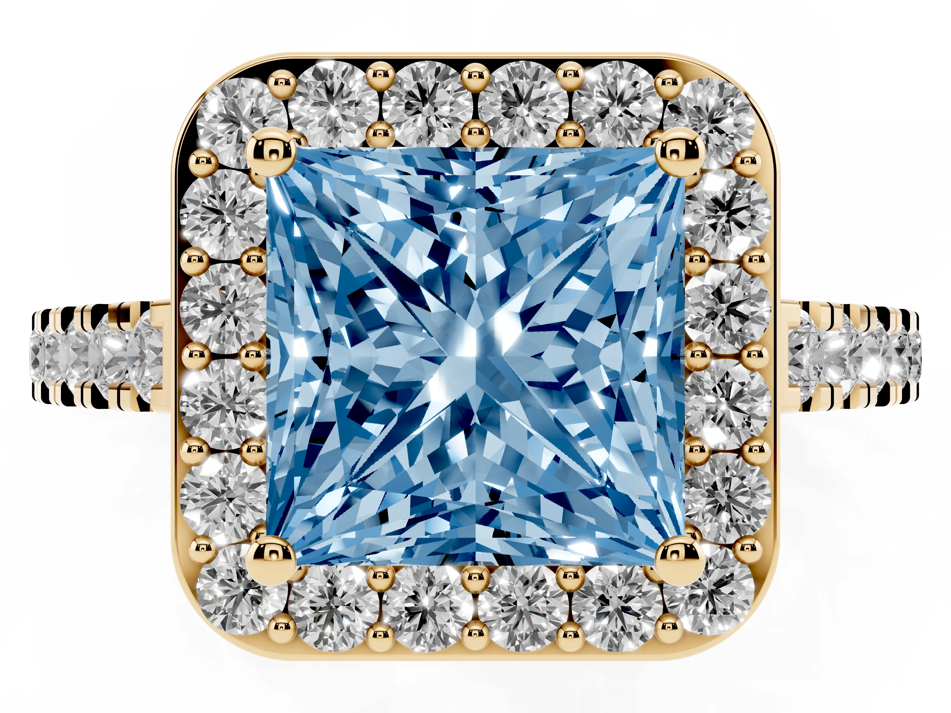 Fancy Blue Princess Cut Diamond Halo Ring Set in Yellow gold with Round Pavé Split Shank and Prong Setting