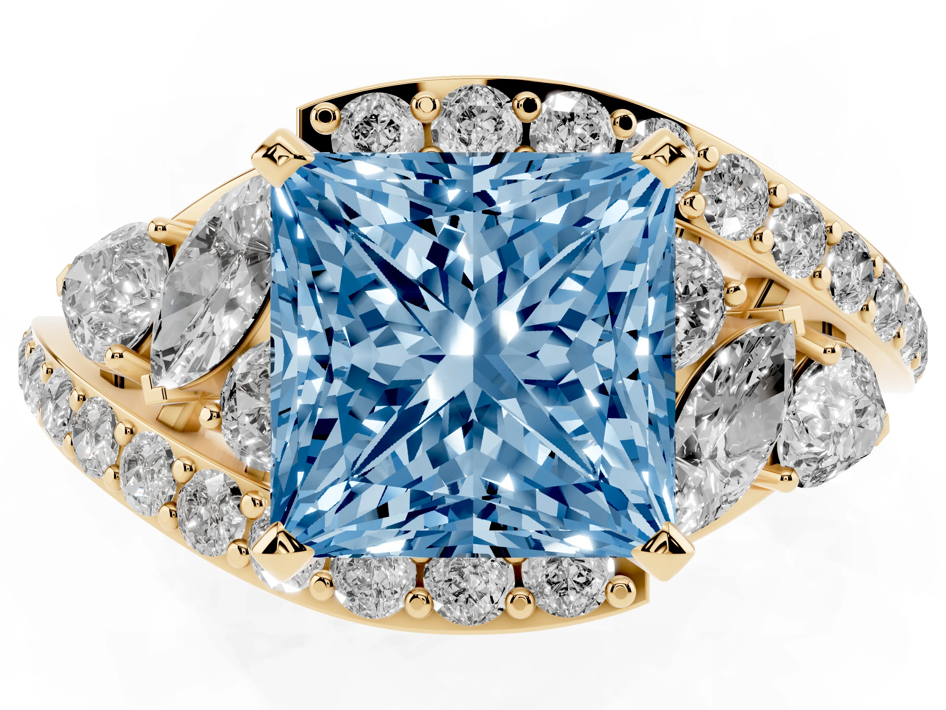 Fancy Blue Princess Cut Diamond Halo Ring Set in Yellow gold with Marquise and Pavé Band in Prong Setting
