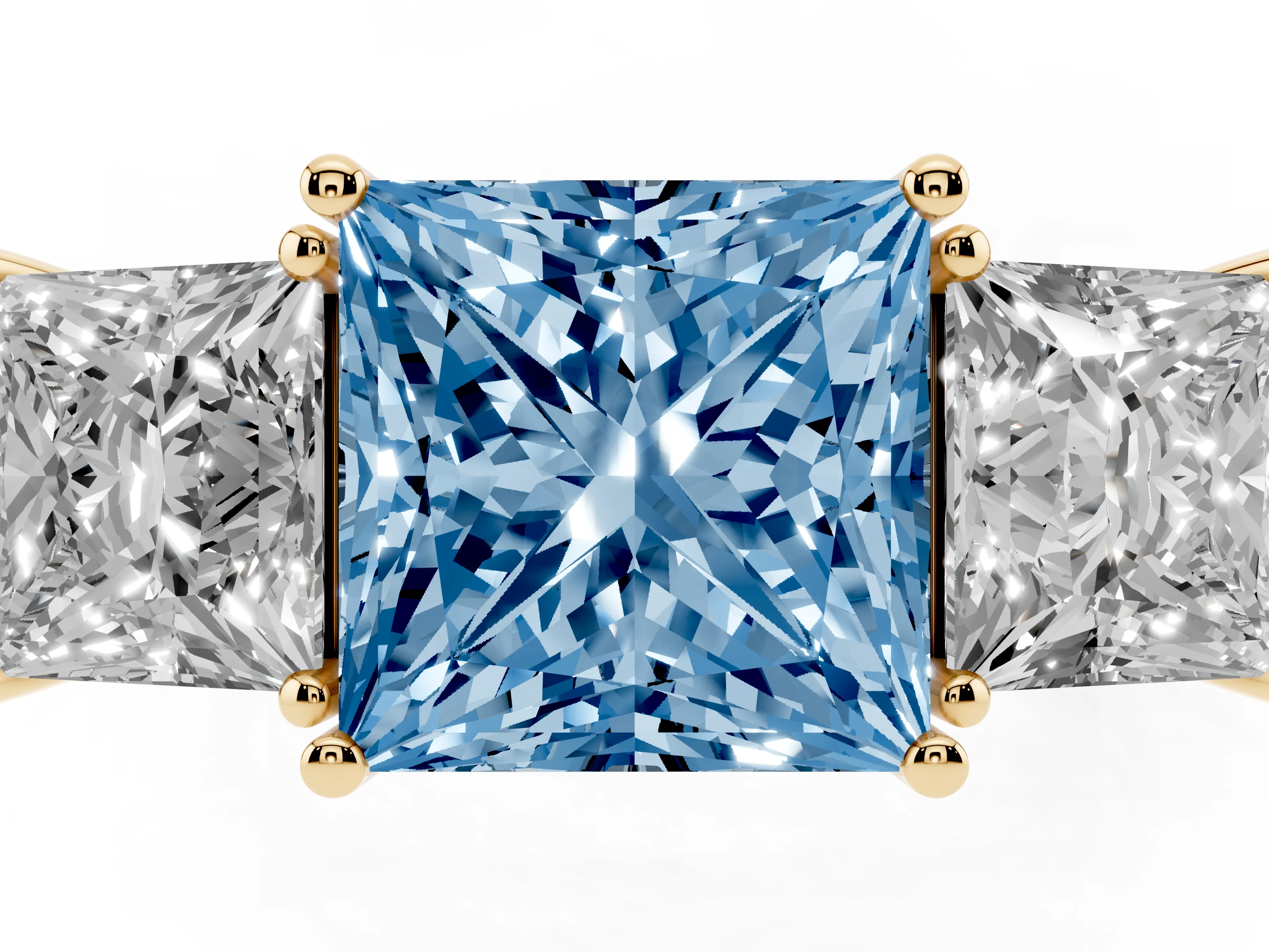 Fancy Blue Princess Cut Diamond Three-Stone Engagement Ring Set in Yellow gold with Flat Band