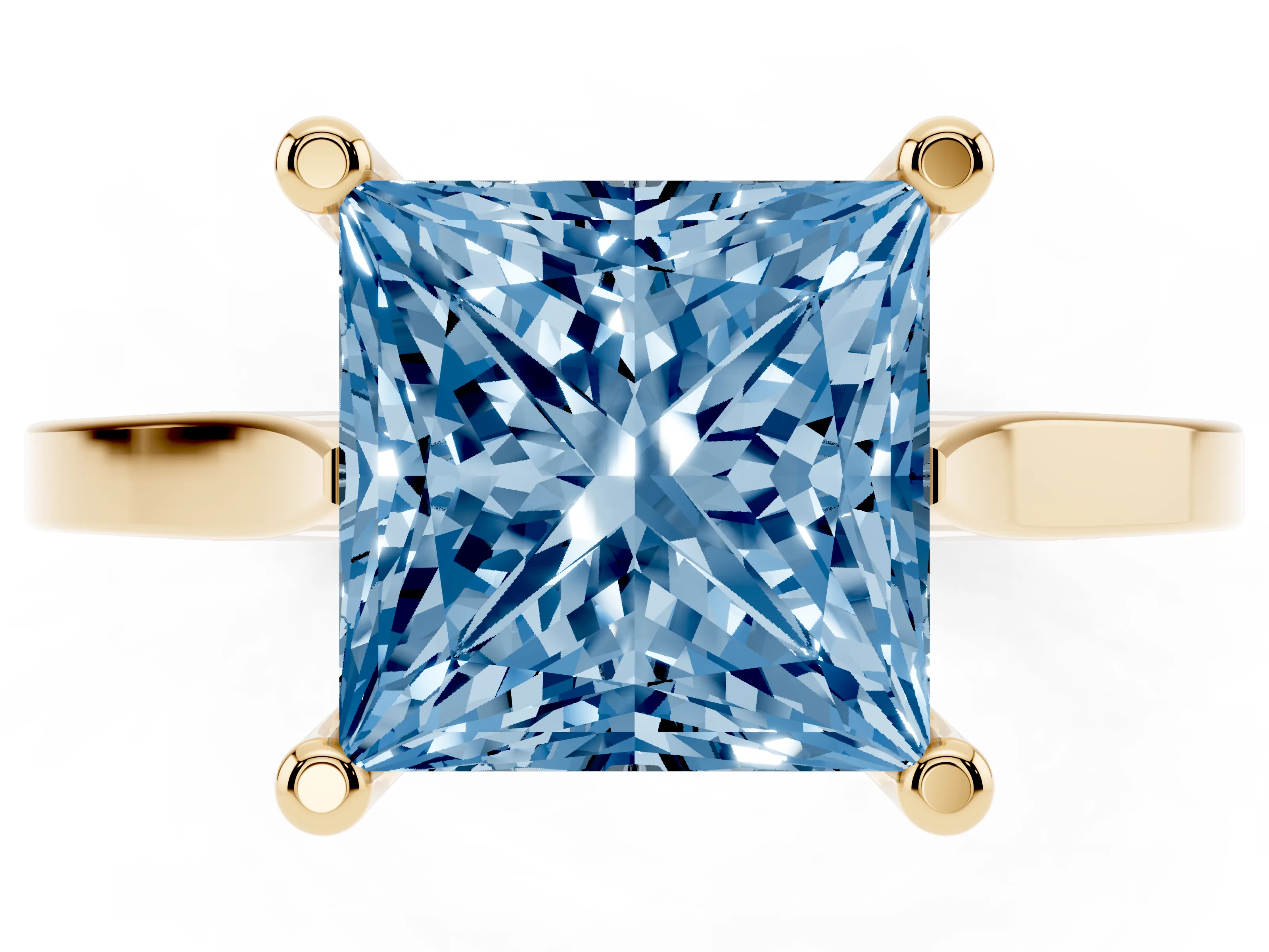Fancy Blue Princess Cut Diamond Solitaire Ring Set in Yellow gold with Prong Setting and Tapered Band