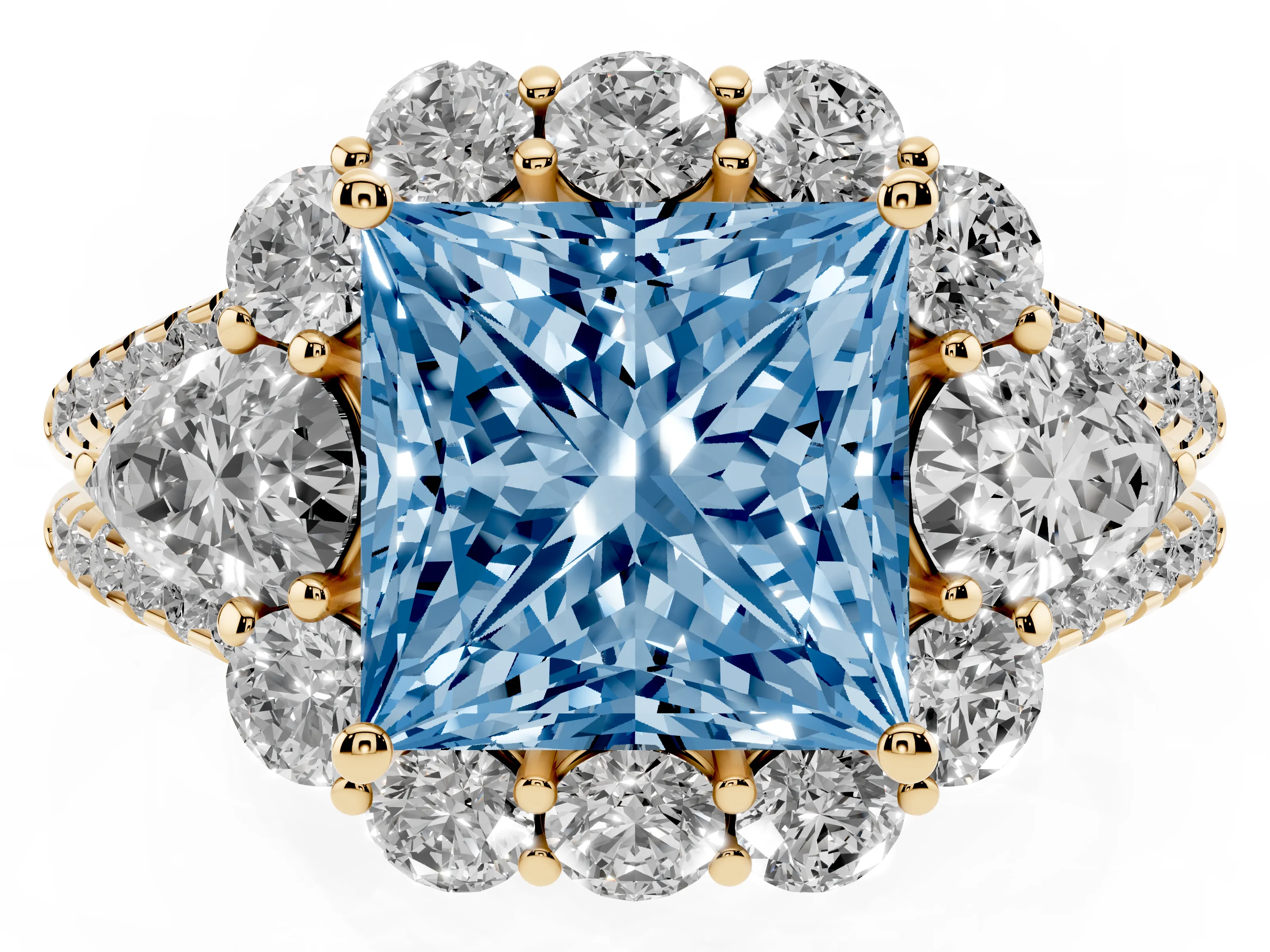 Fancy Blue Princess Cut Diamond Halo Split Shank Engagement Ring Set in Yellow gold with Prong-Held Center Stone