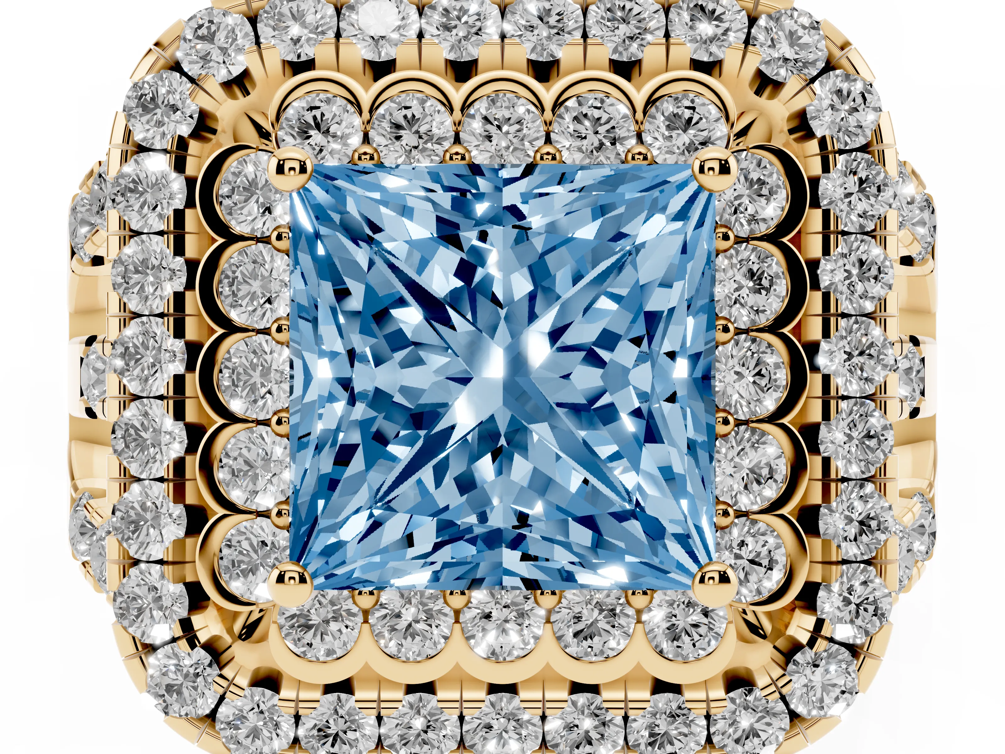 Fancy Blue Princess Cut Diamond Double Halo Ring Set in Yellow gold with Round Pavé Split Shank