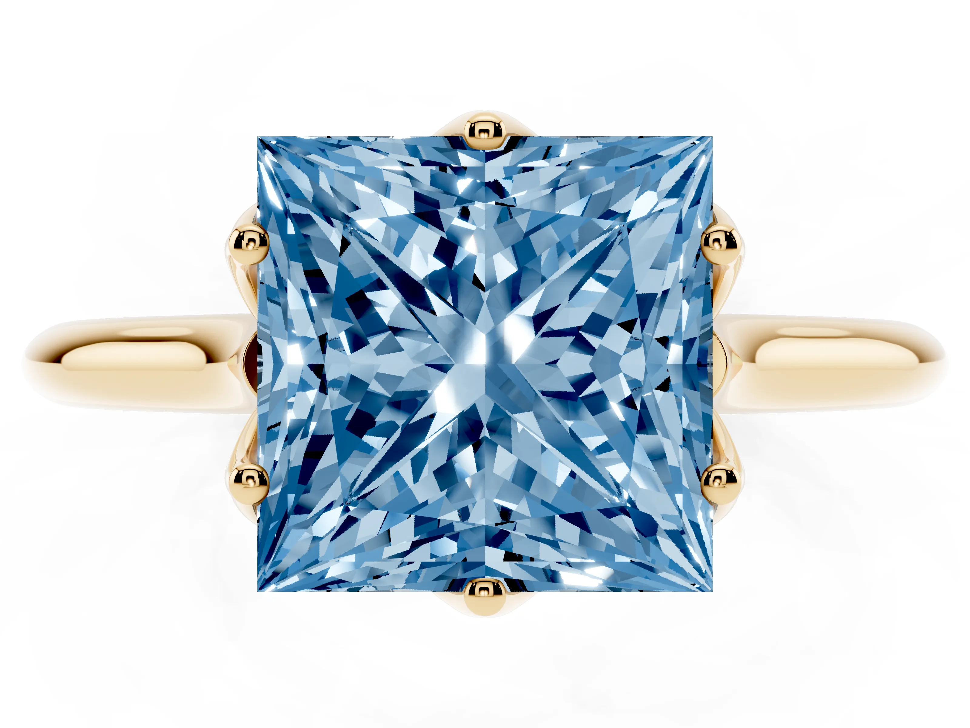 Fancy Blue Princess Cut Diamond Solitaire Cathedral Ring Set in Yellow gold with Prong Setting