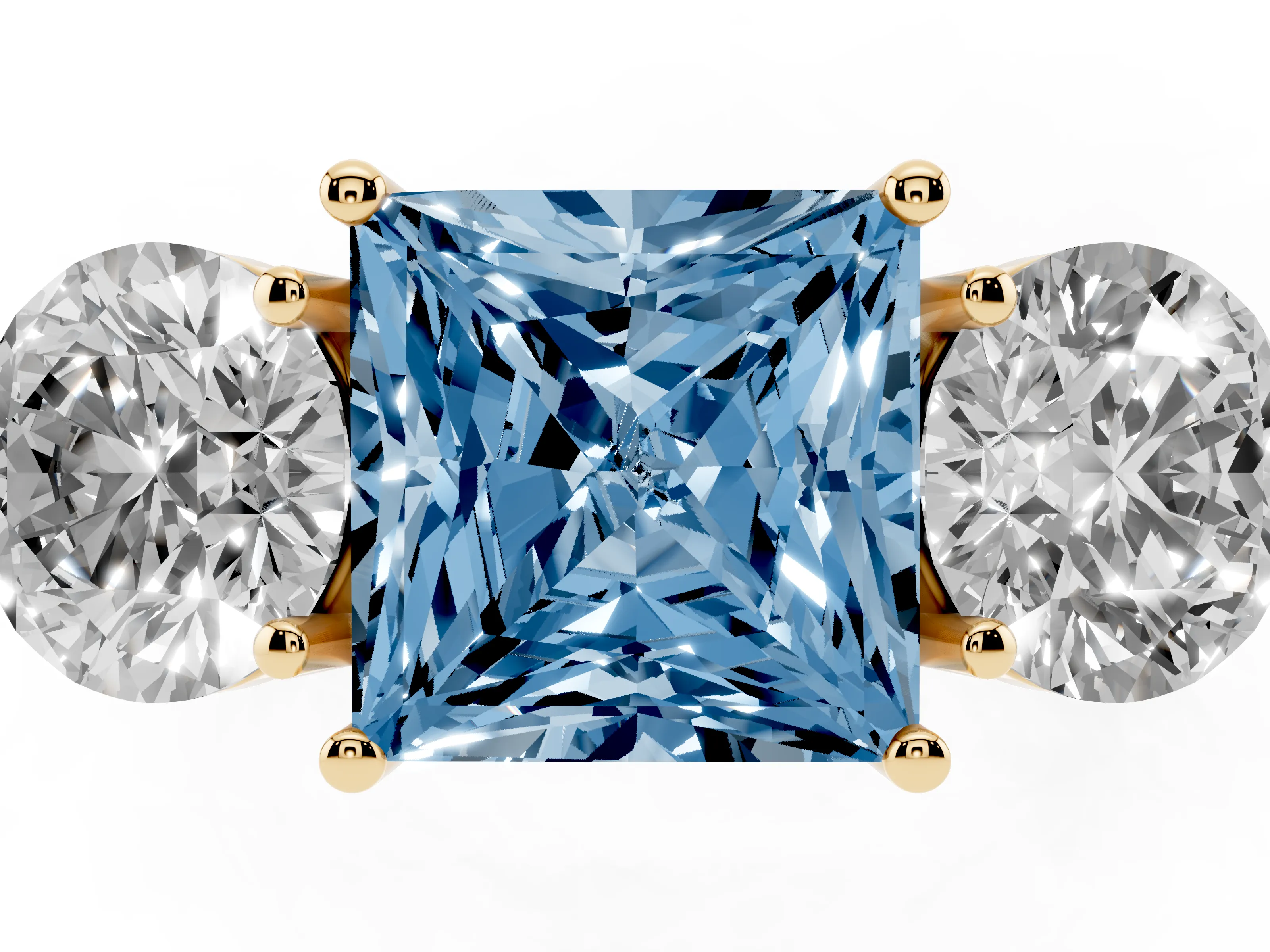 Fancy Blue Princess Cut Diamond Three-Stone Ring Set in Yellow gold with Prong Setting and Plain Band