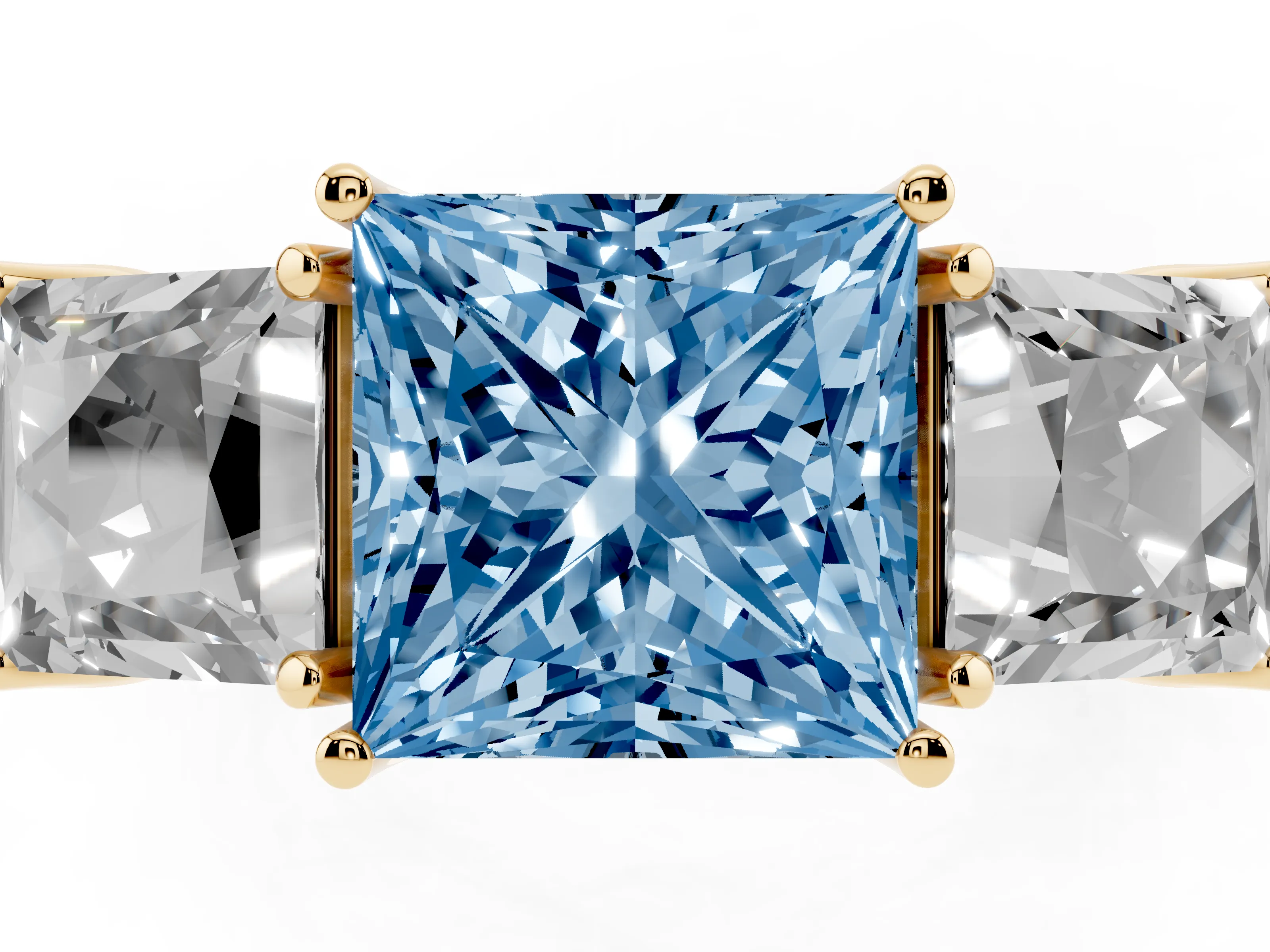 Fancy Blue Princess Cut Diamond Three-Stone Engagement Ring Set in Yellow gold with Milgrain Pavé Band