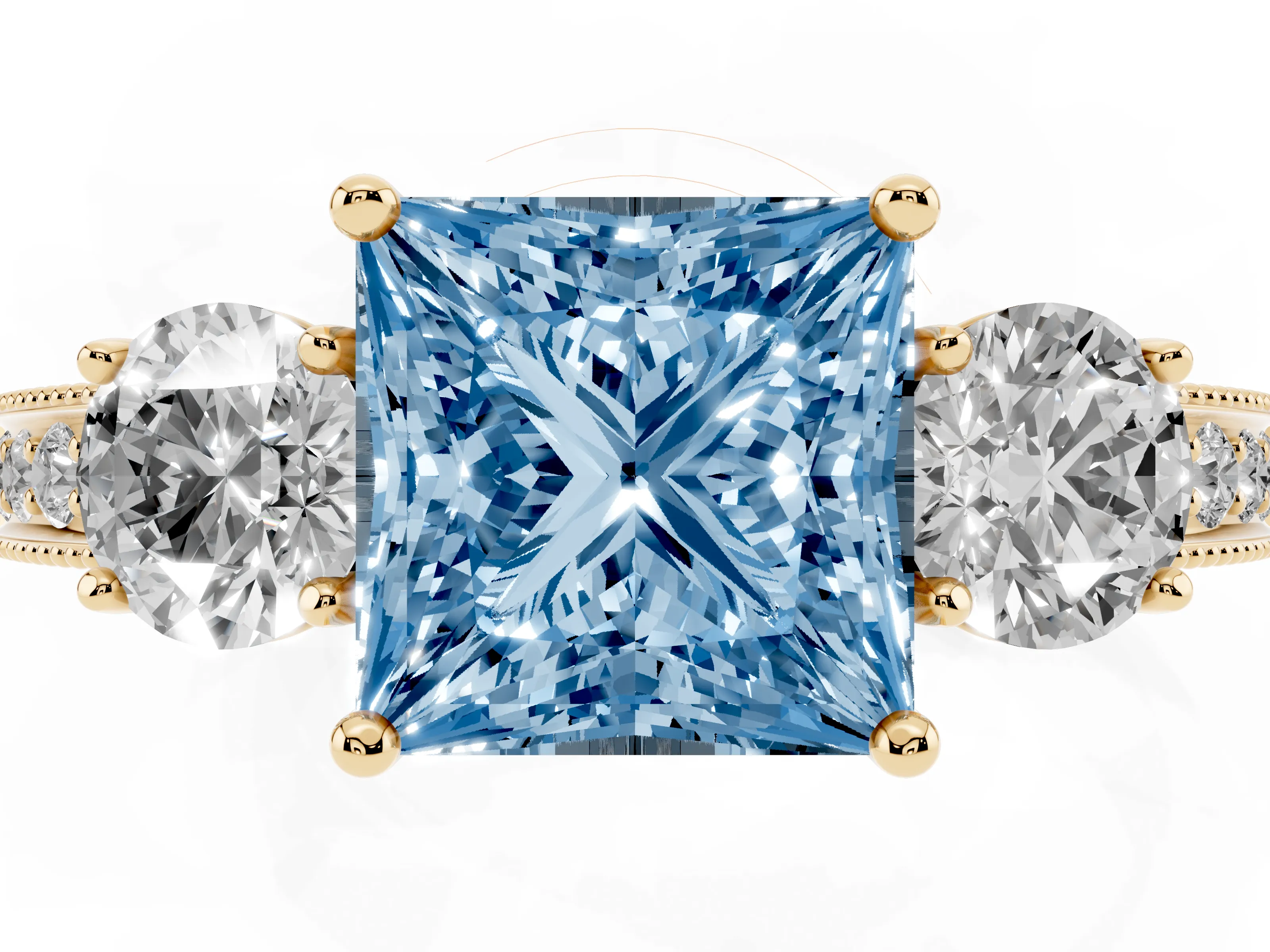 Fancy Blue Princess Cut Diamond Three-Stone Ring Set in Yellow gold with Round Side Stones and Pavé Band